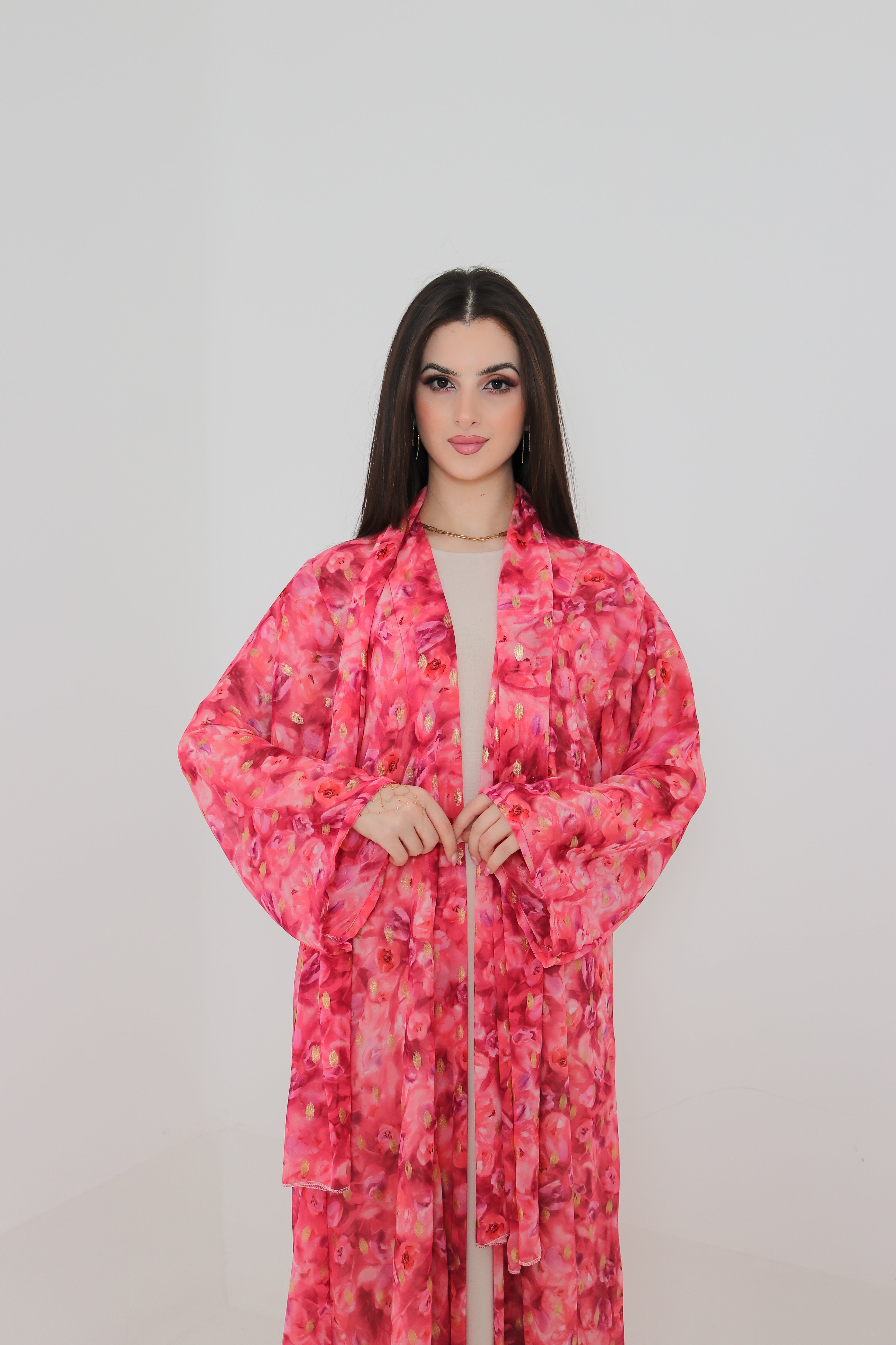 Pink Floral Abaya Set UAE | Open Front Chiffon Abaya with Matching Sheila