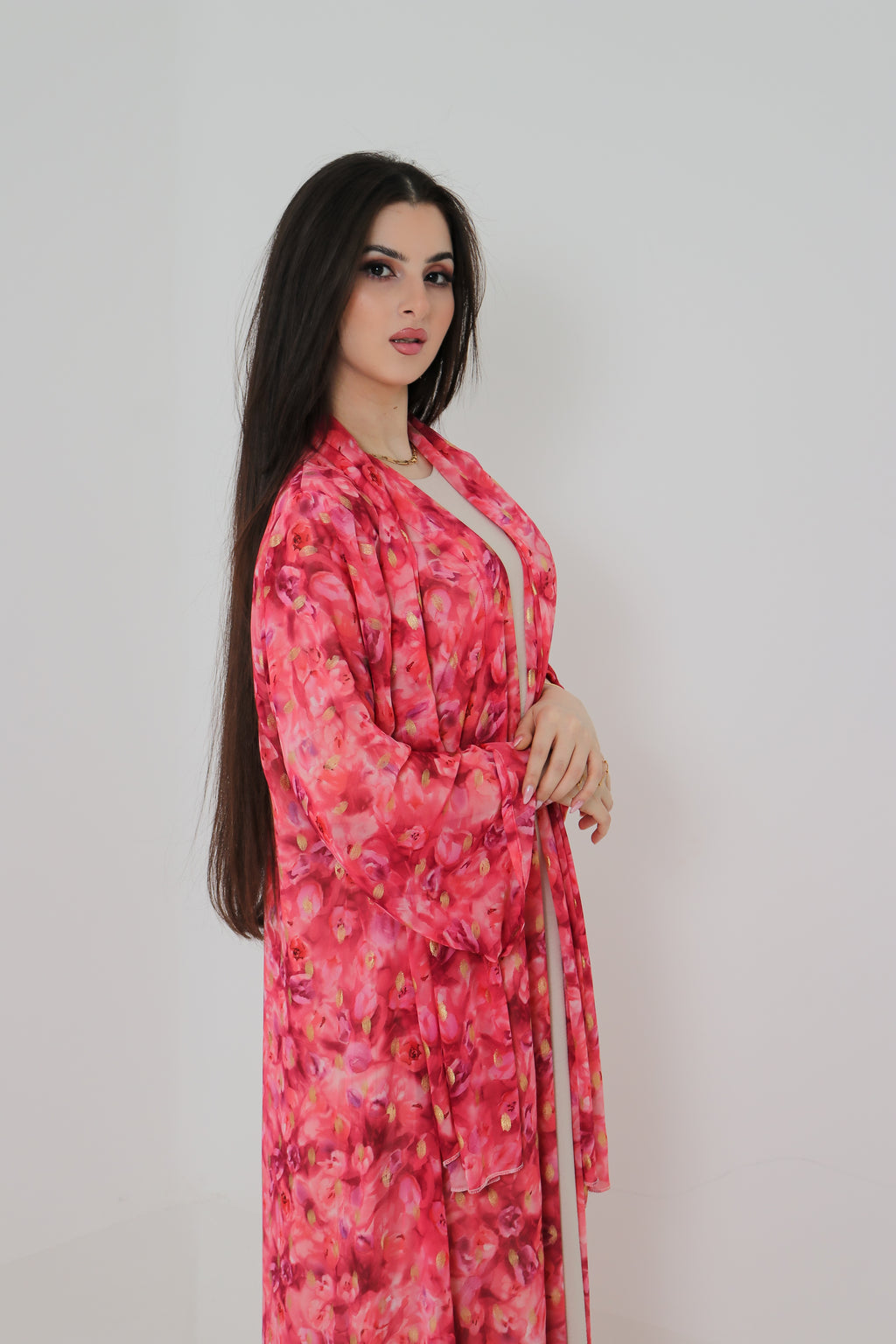Pink Floral Abaya Set UAE | Open Front Chiffon Abaya with Matching Sheila