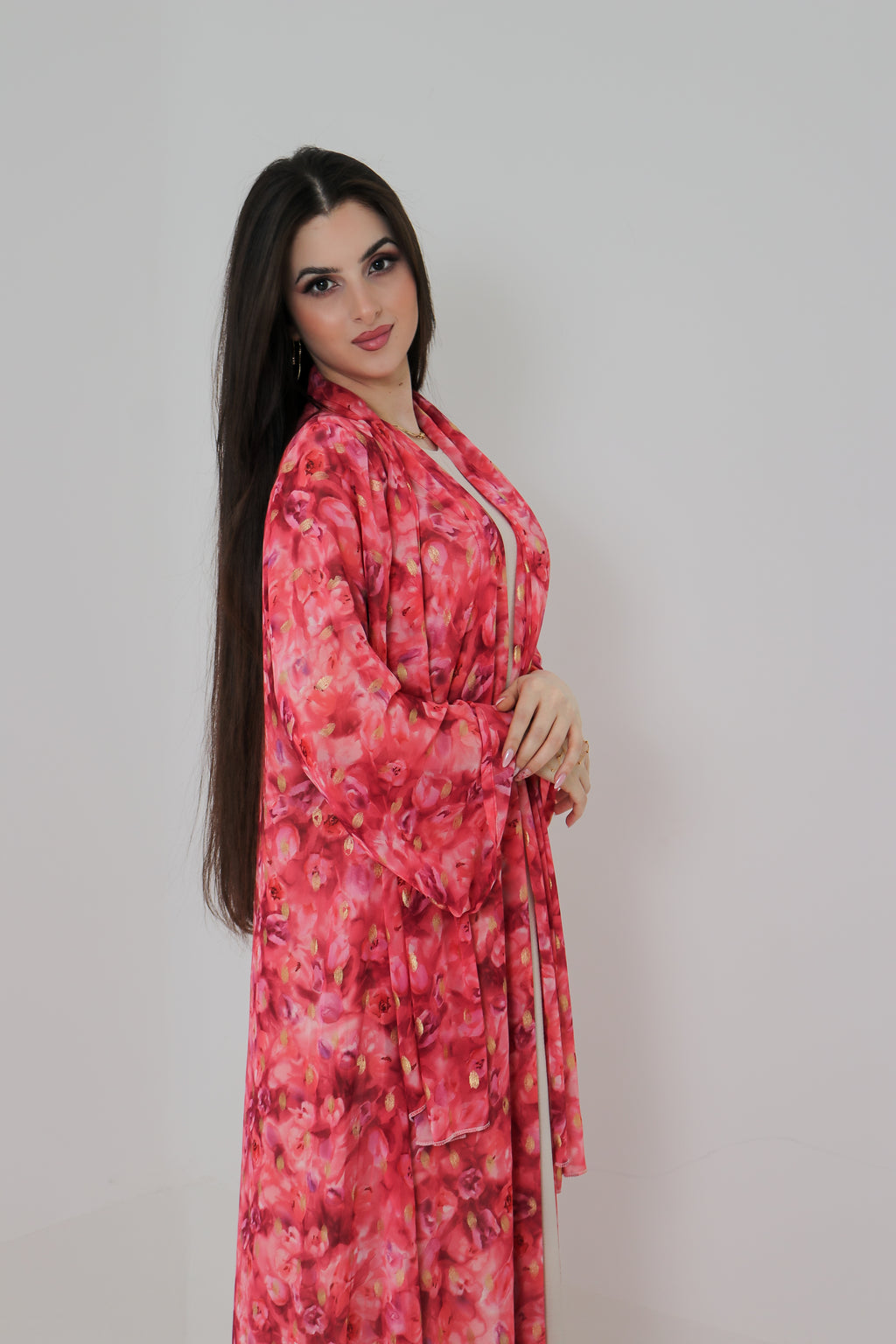Pink Floral Abaya Set UAE | Open Front Chiffon Abaya with Matching Sheila