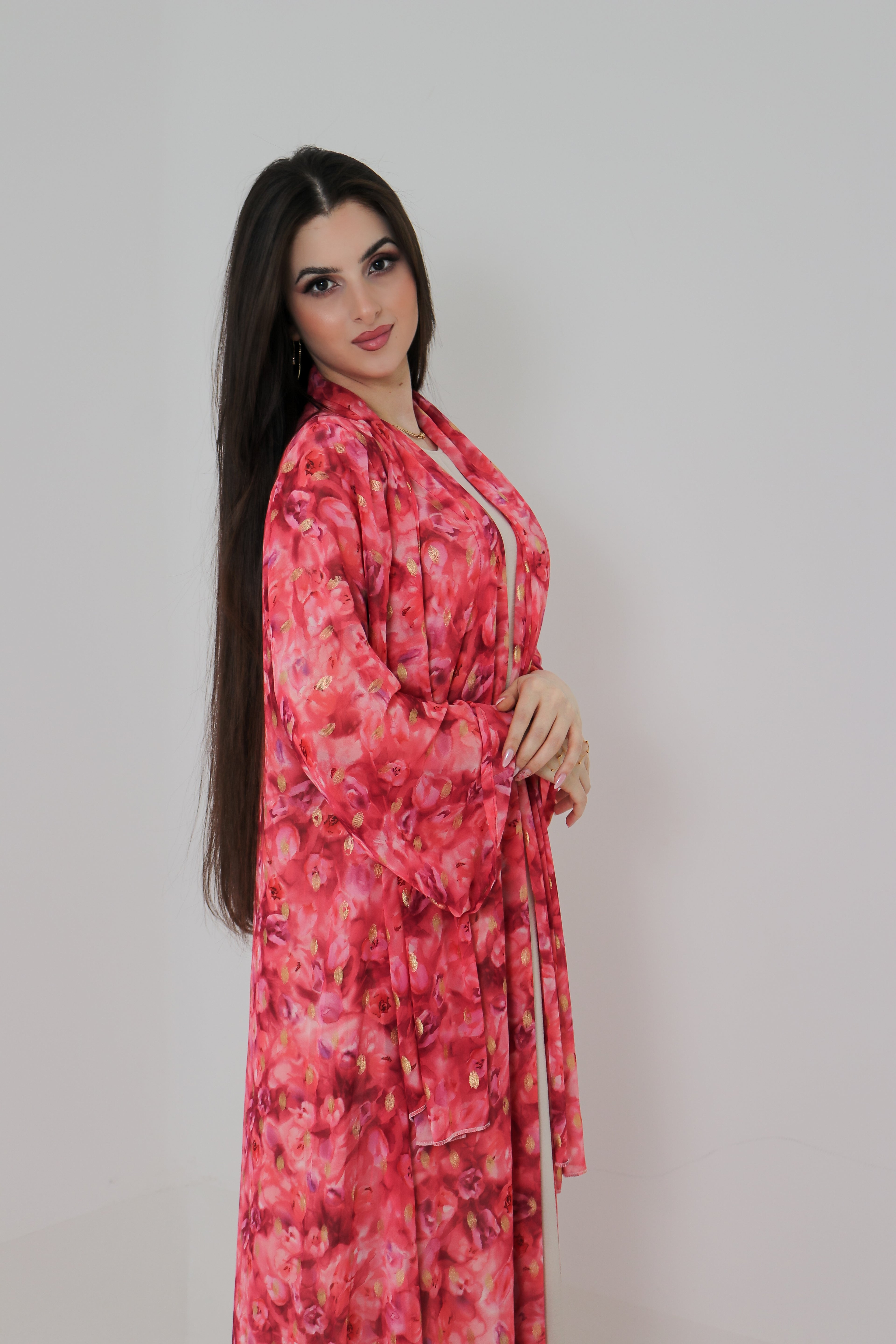 Pink Floral Abaya Set UAE | Open Front Chiffon Abaya with Matching Sheila