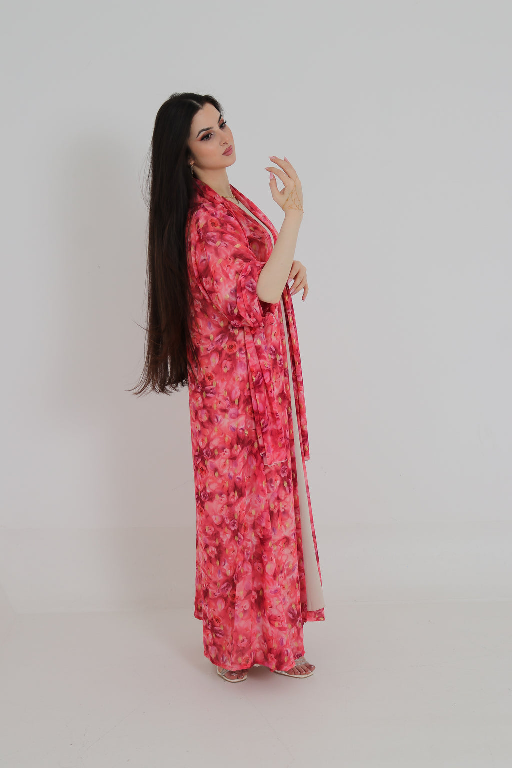 Pink Floral Abaya Set UAE | Open Front Chiffon Abaya with Matching Sheila