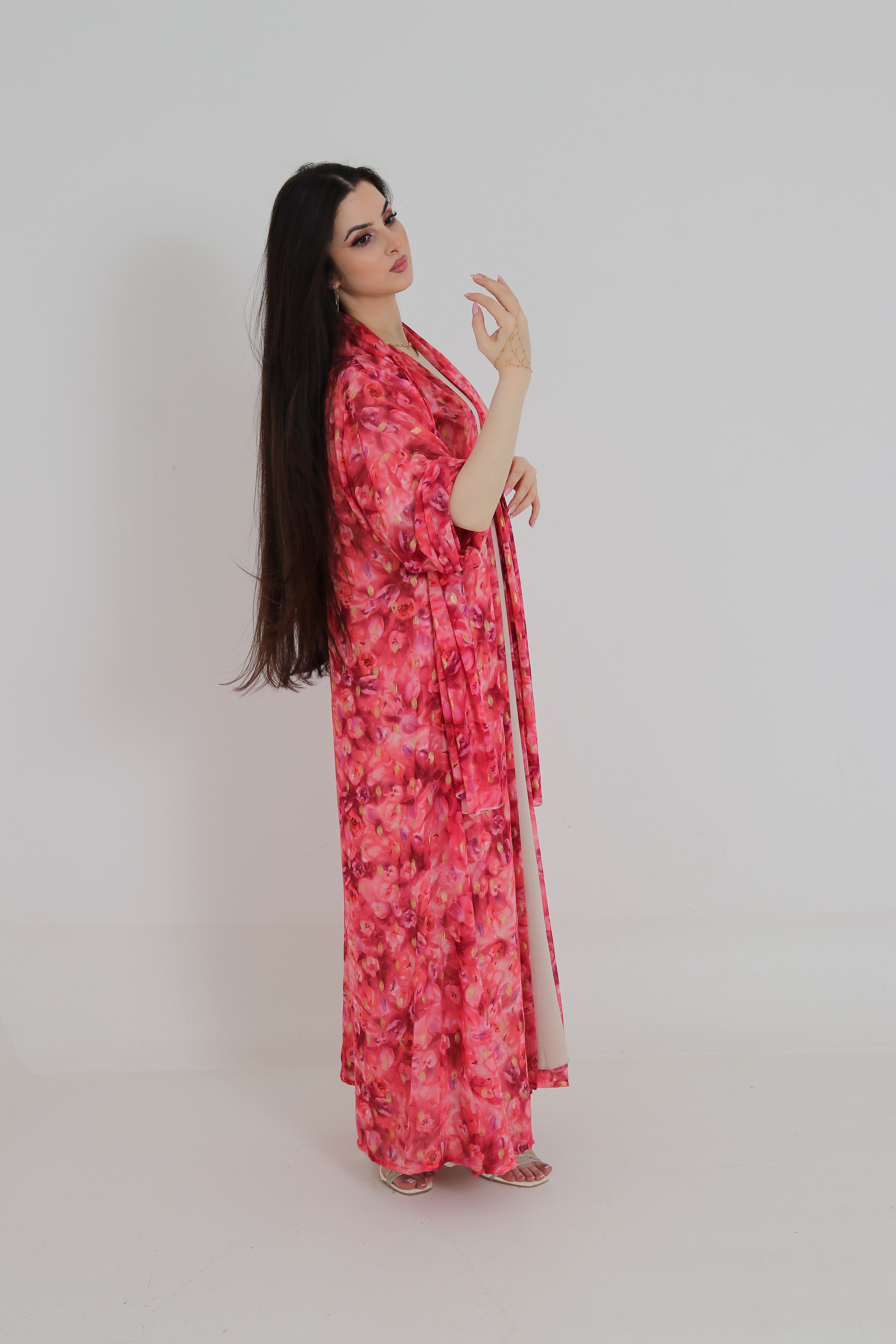 Pink Floral Abaya Set UAE | Open Front Chiffon Abaya with Matching Sheila