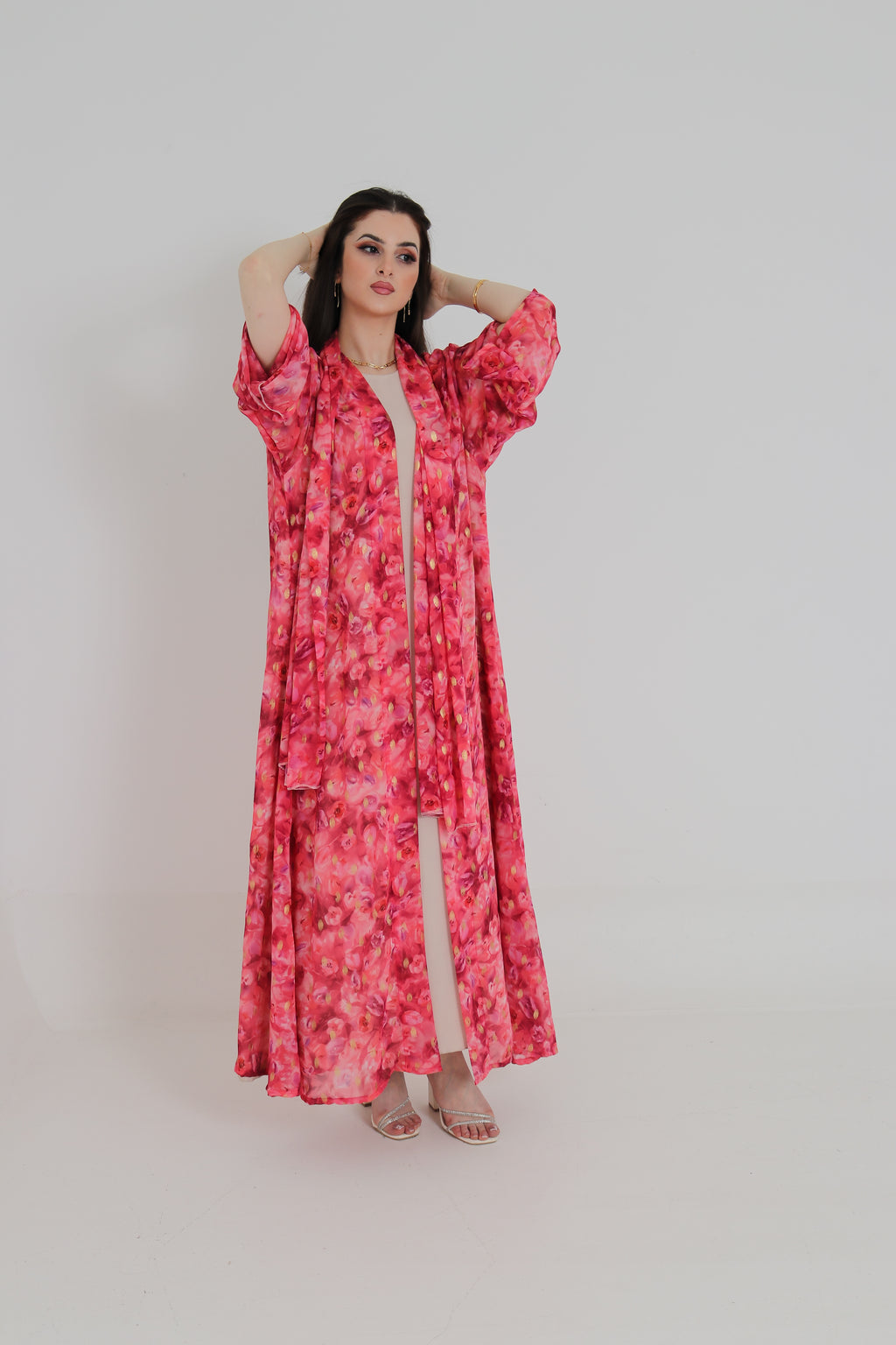 Pink Floral Abaya Set UAE | Open Front Chiffon Abaya with Matching Sheila