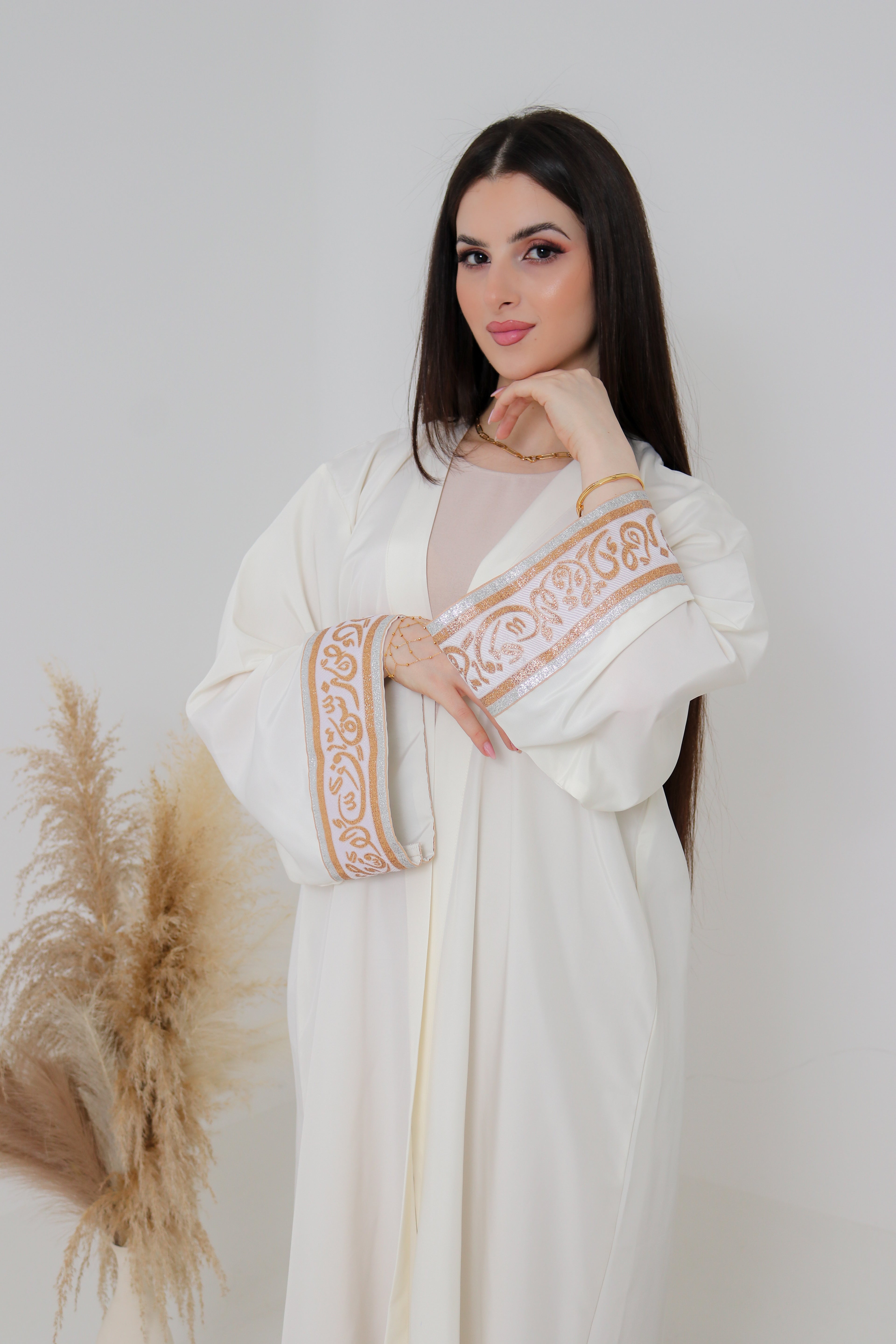 Ivory Abaya | Gold & Silver Embroidered Cuff Detail