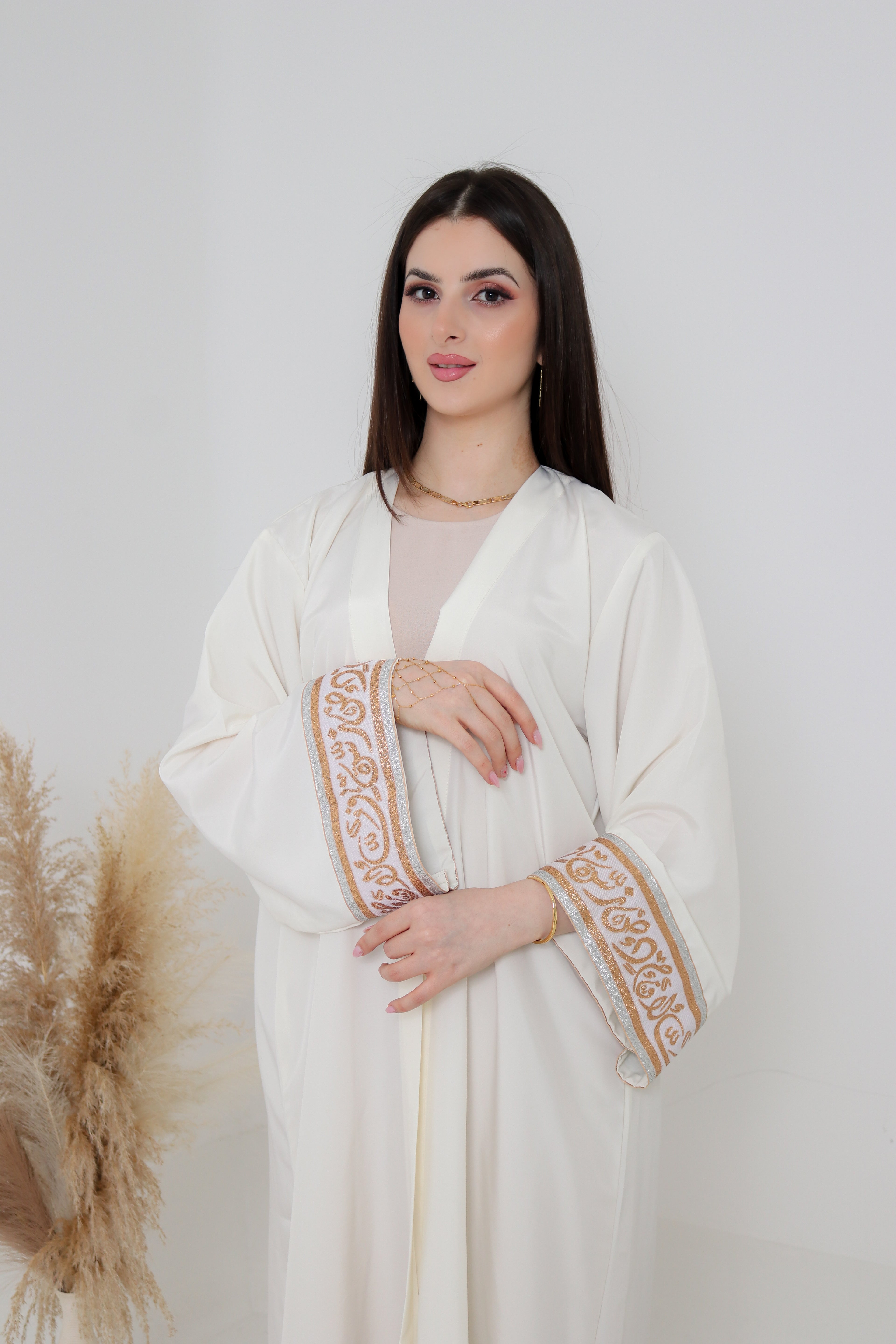 Ivory Abaya | Gold & Silver Embroidered Cuff Detail