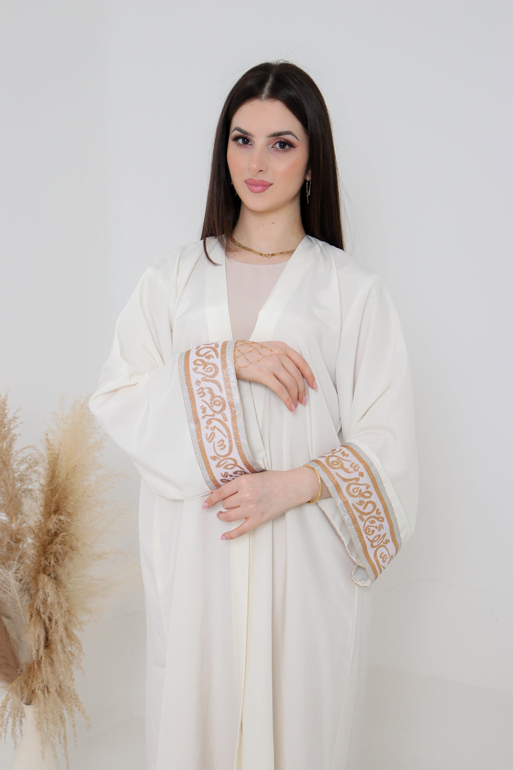 Ivory Abaya | Gold & Silver Embroidered Cuff Detail