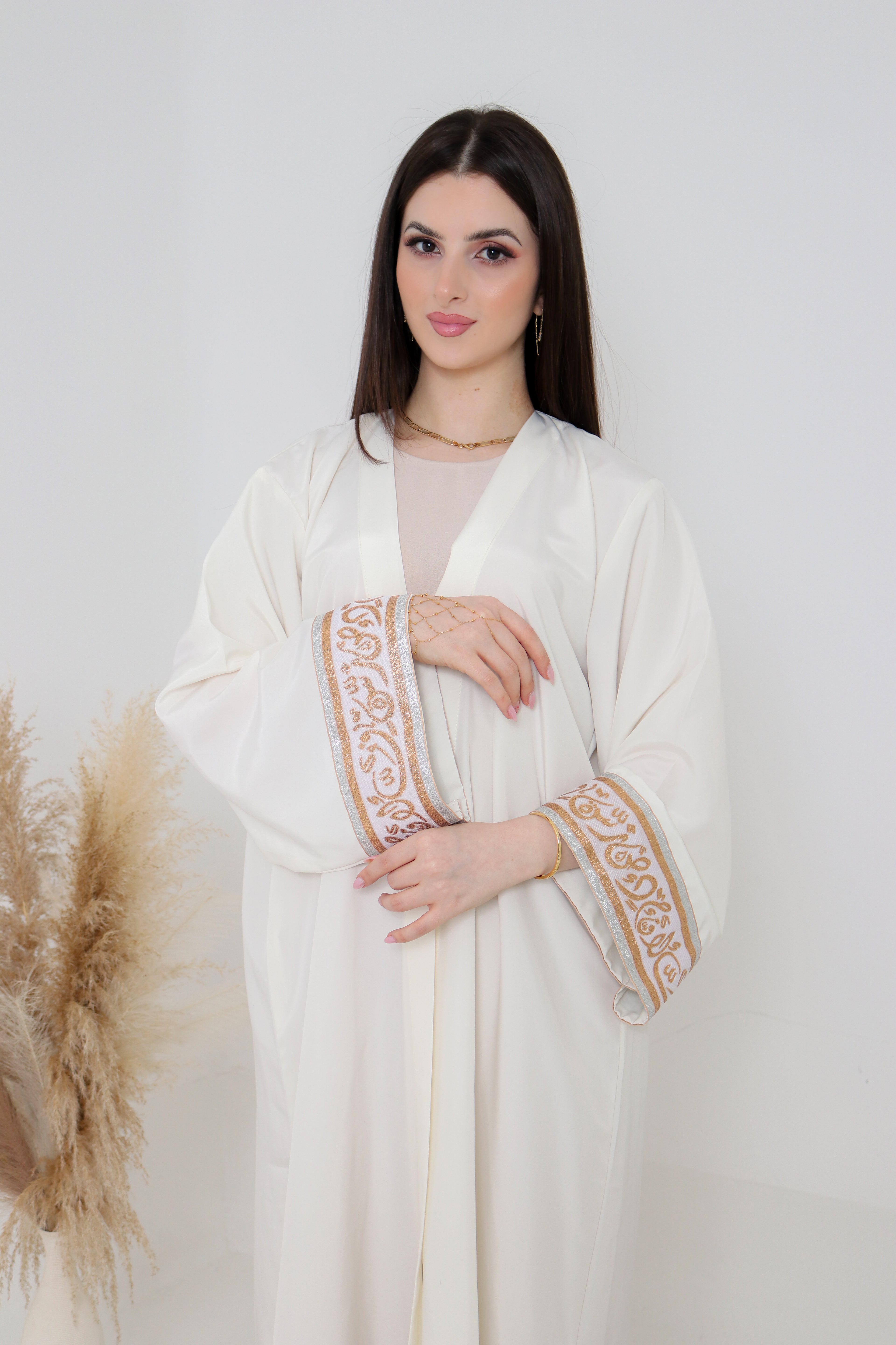 Ivory Abaya | Gold & Silver Embroidered Cuff Detail