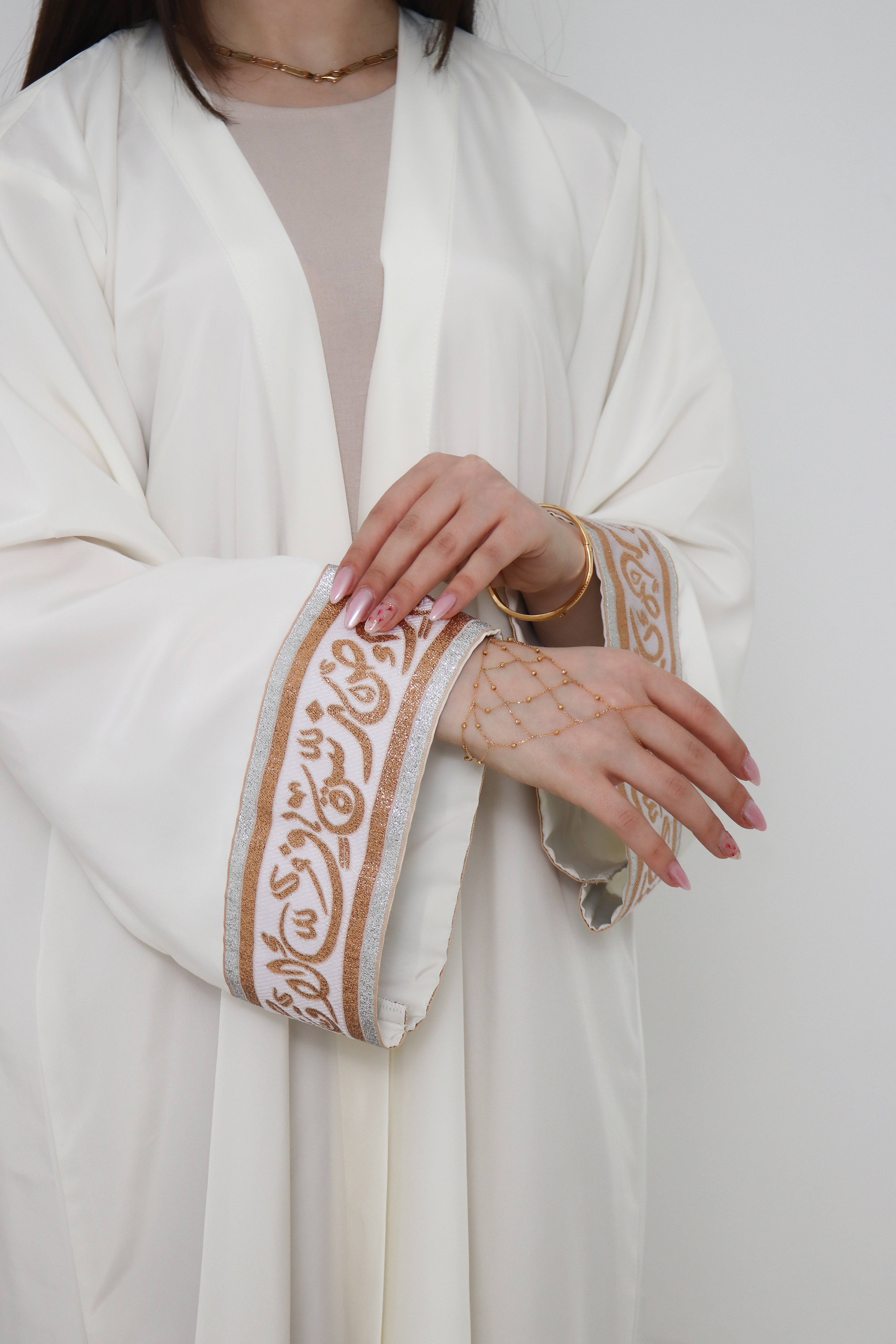 Ivory Abaya | Gold & Silver Embroidered Cuff Detail