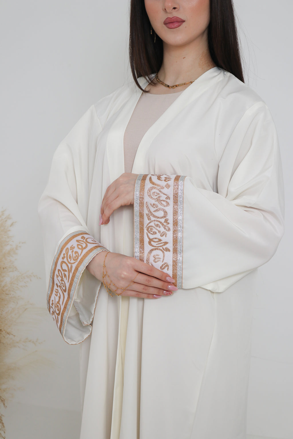 Ivory Abaya | Gold & Silver Embroidered Cuff Detail
