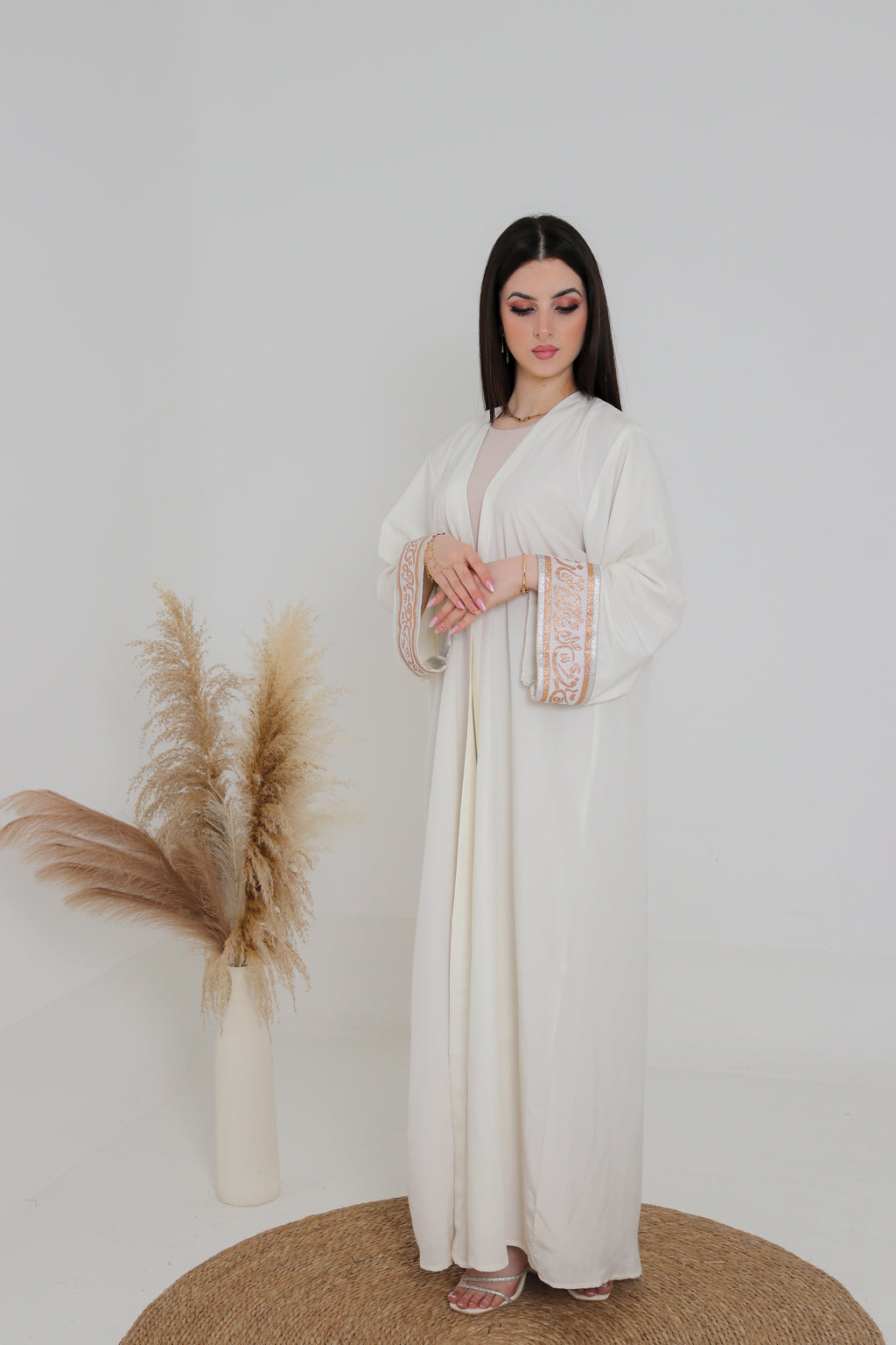 Ivory Abaya | Gold & Silver Embroidered Cuff Detail