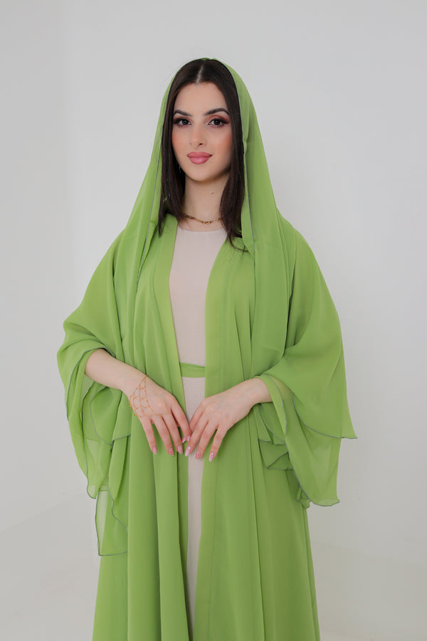 Lime Green Chiffon Abaya Set | 3-Piece with Matching Sheila & Belt