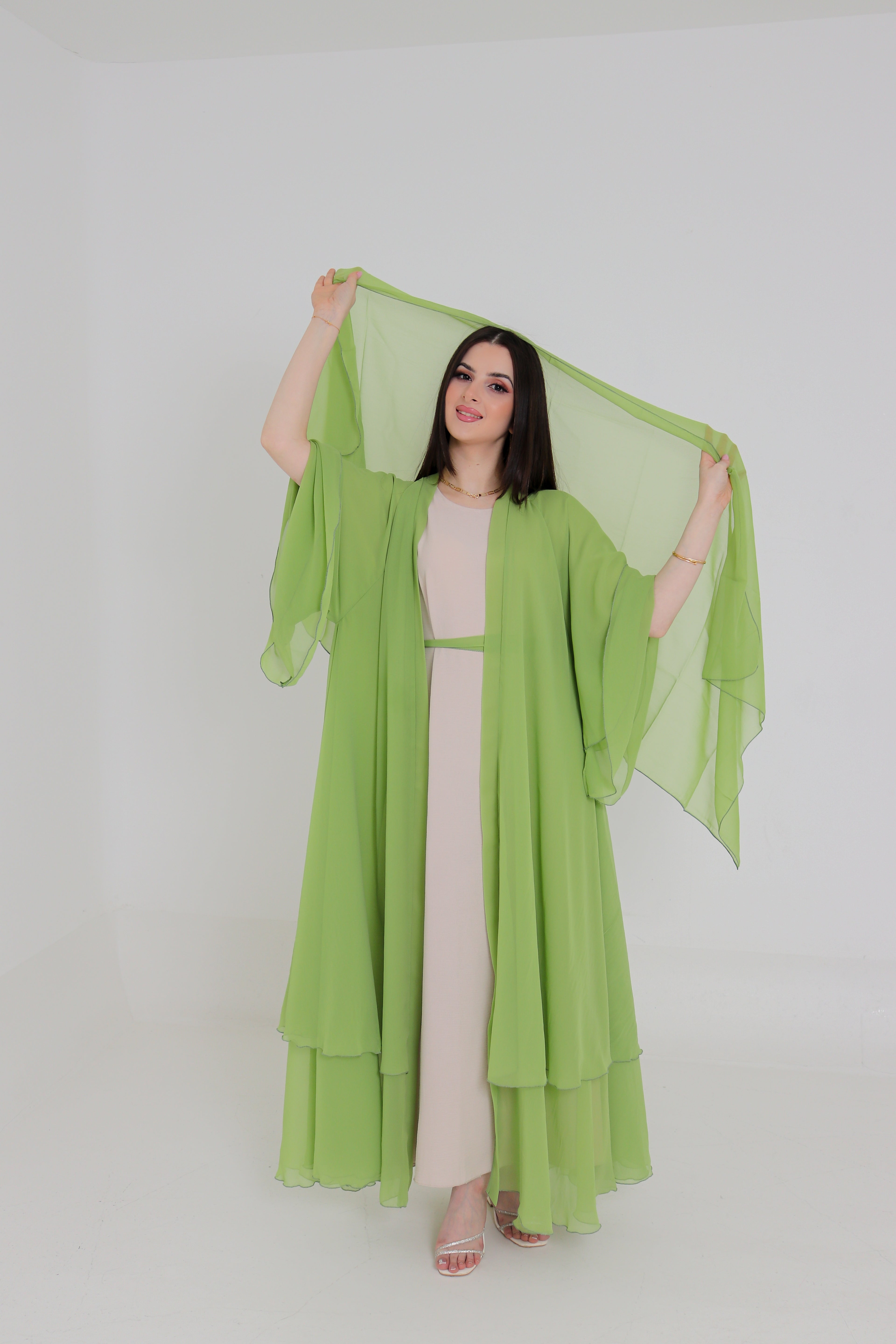 Lime Green Chiffon Abaya Set | 3-Piece with Matching Sheila & Belt