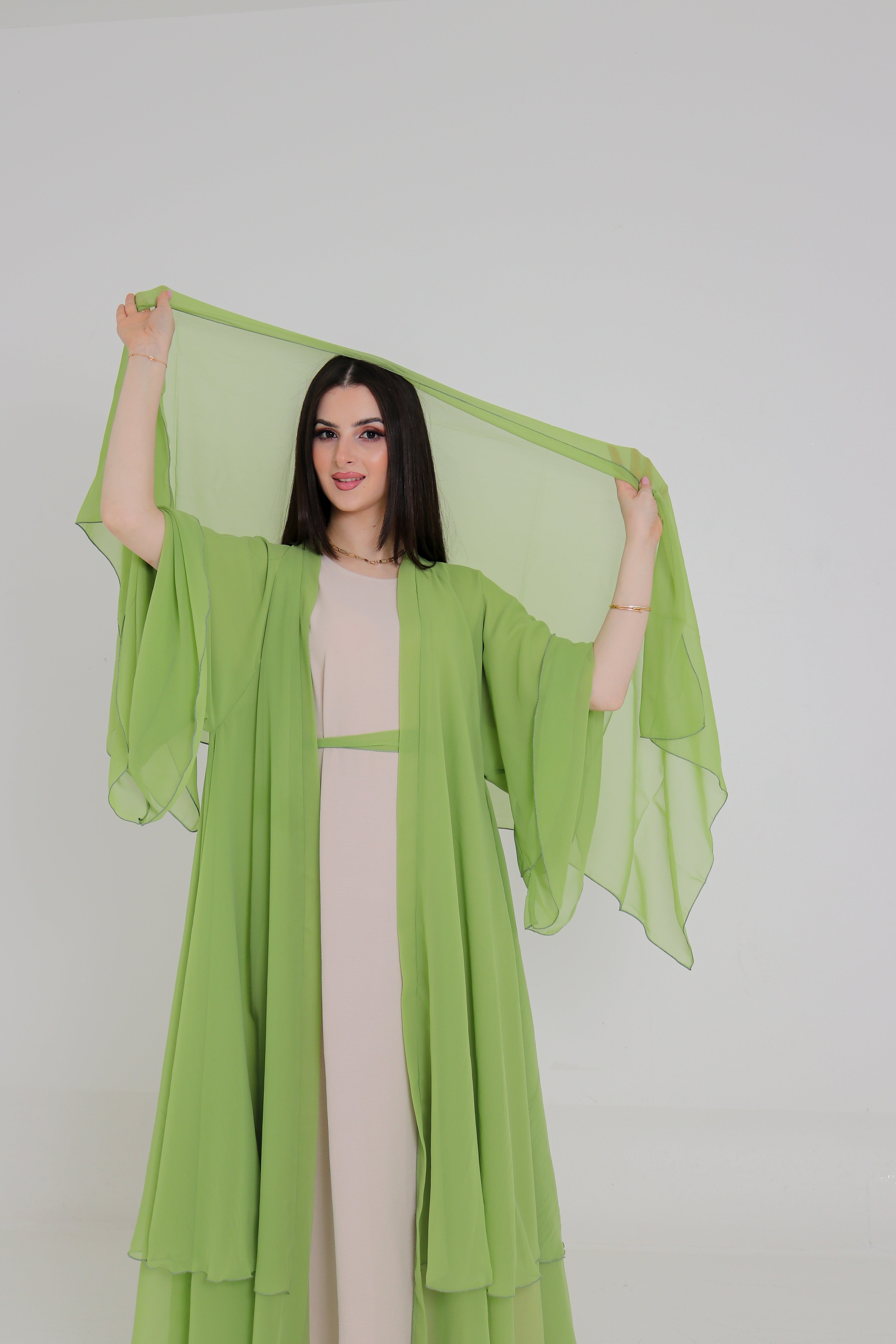 Lime Green Chiffon Abaya Set | 3-Piece with Matching Sheila & Belt