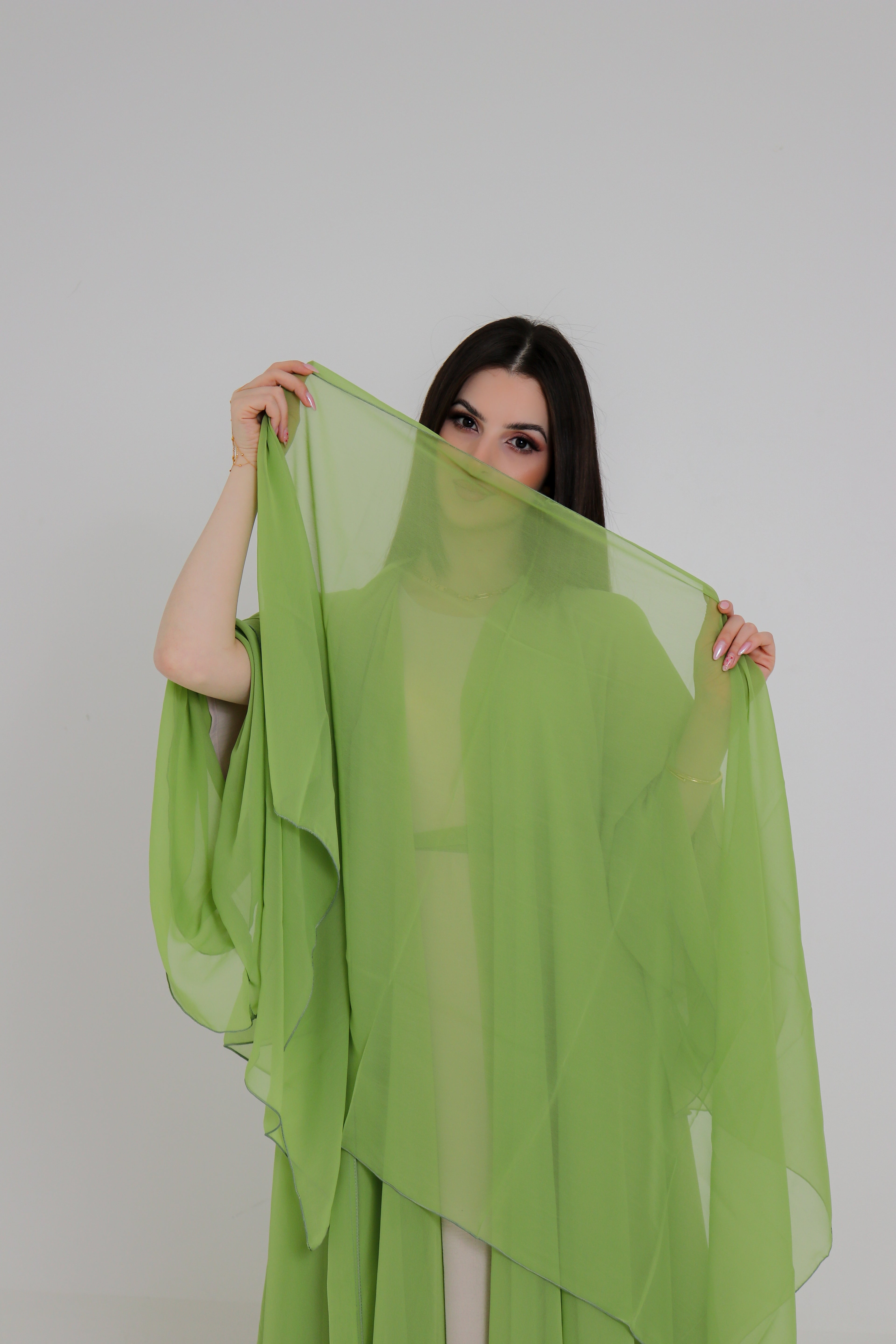 Lime Green Chiffon Abaya Set | 3-Piece with Matching Sheila & Belt