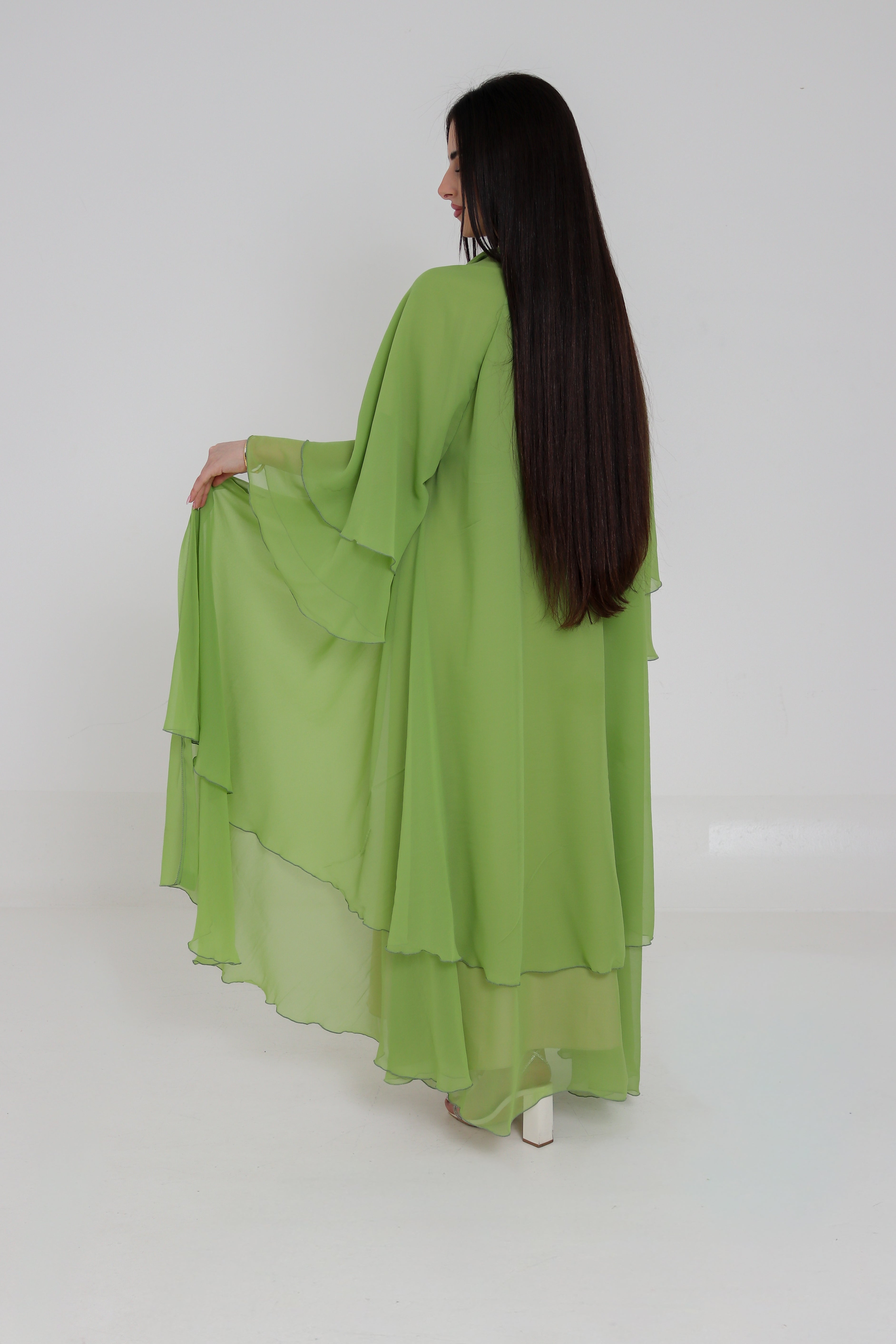 Lime Green Chiffon Abaya Set | 3-Piece with Matching Sheila & Belt