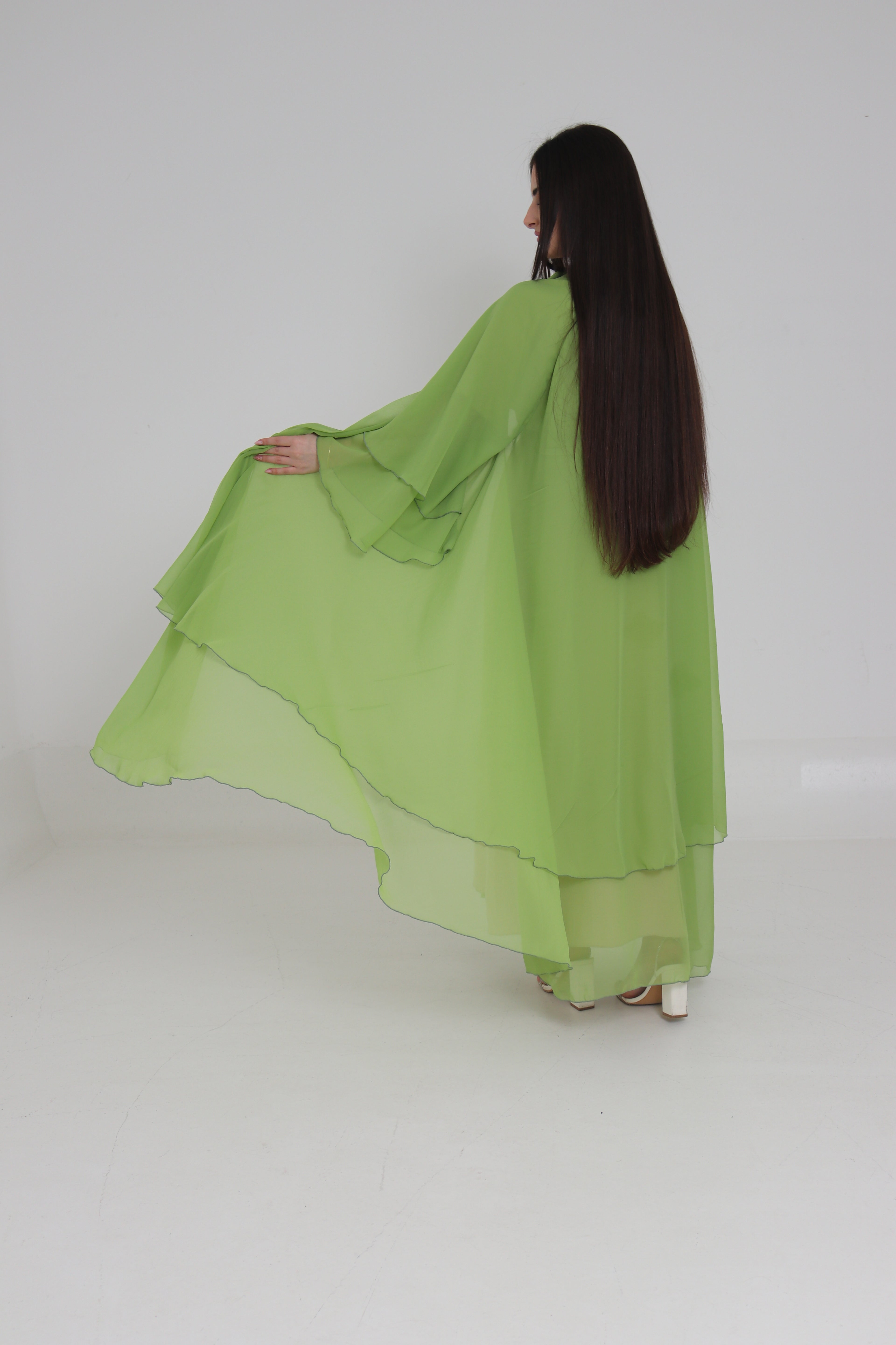 Lime Green Chiffon Abaya Set | 3-Piece with Matching Sheila & Belt
