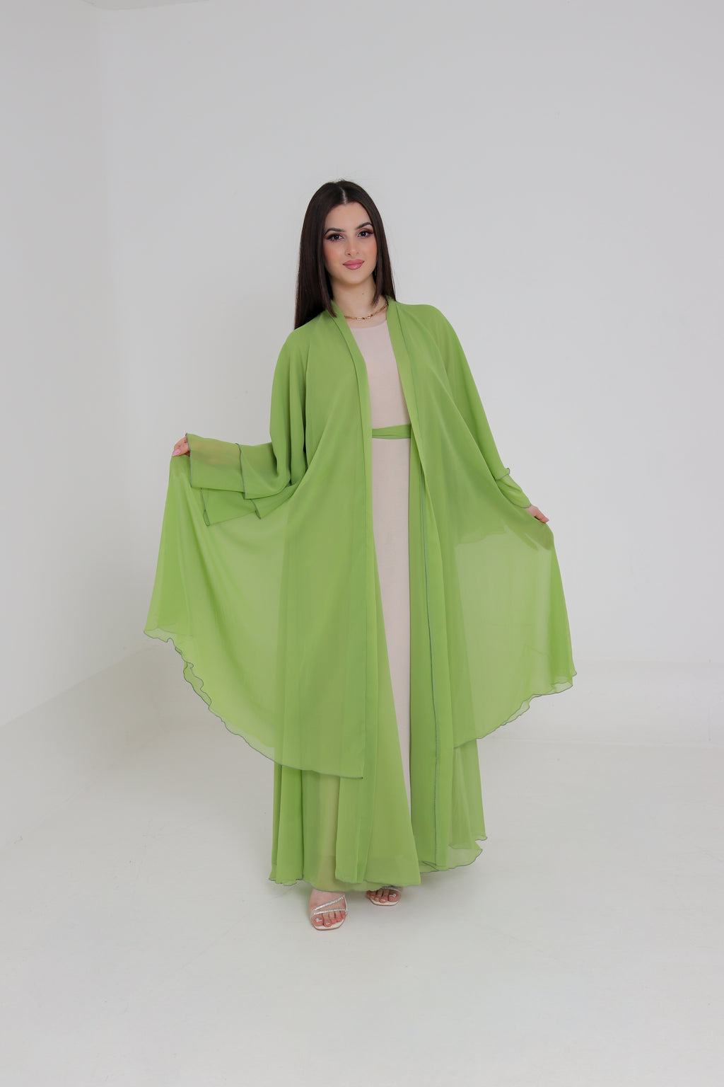 Lime Green Chiffon Abaya Set | 3-Piece with Matching Sheila & Belt