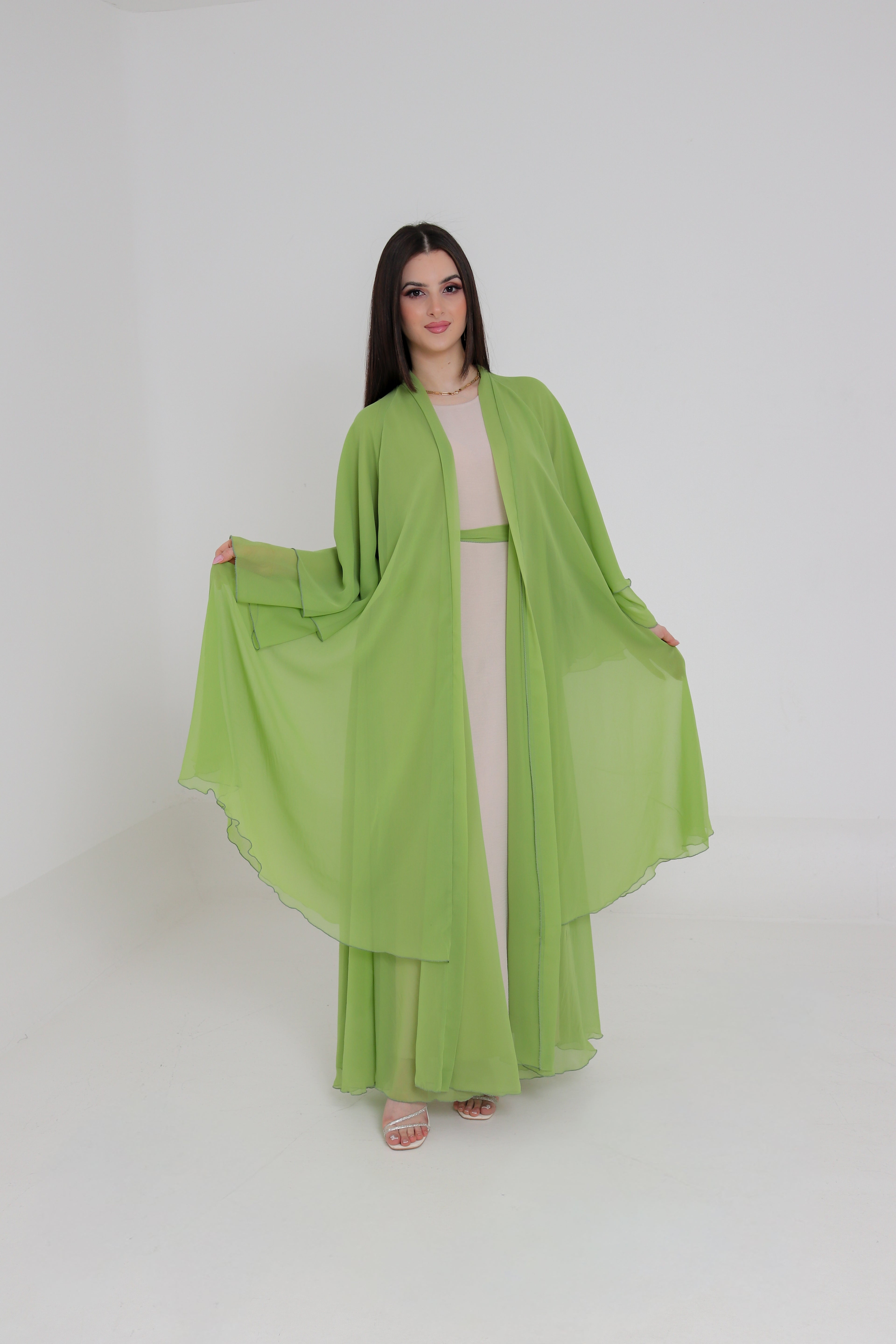 Lime Green Chiffon Abaya Set | 3-Piece with Matching Sheila & Belt