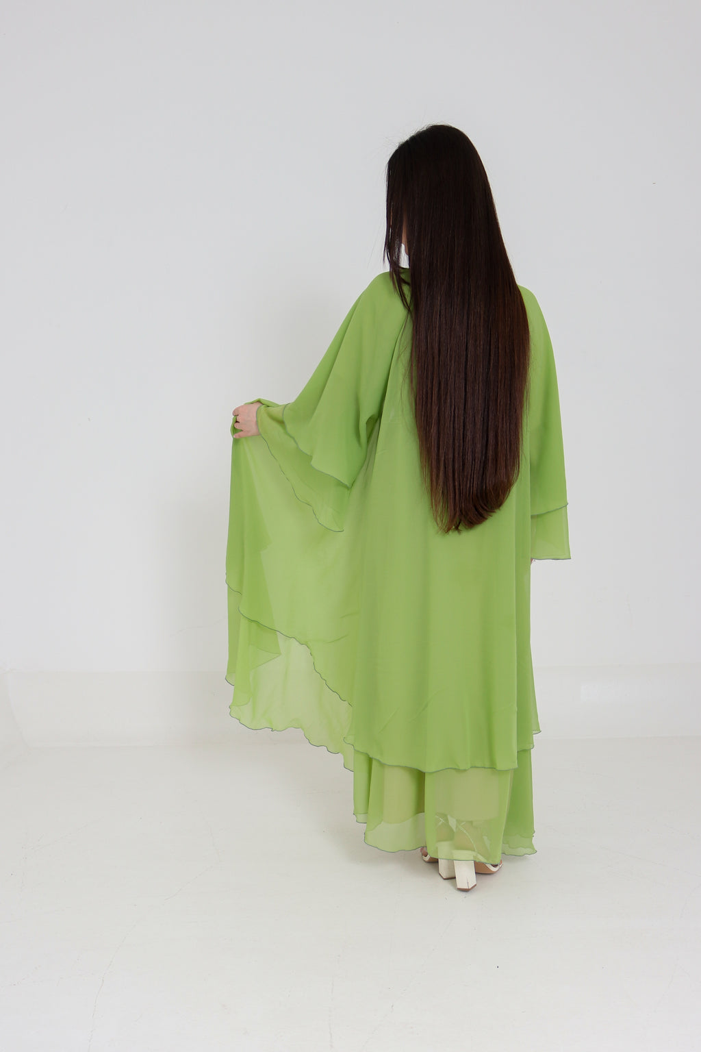 Lime Green Chiffon Abaya Set | 3-Piece with Matching Sheila & Belt