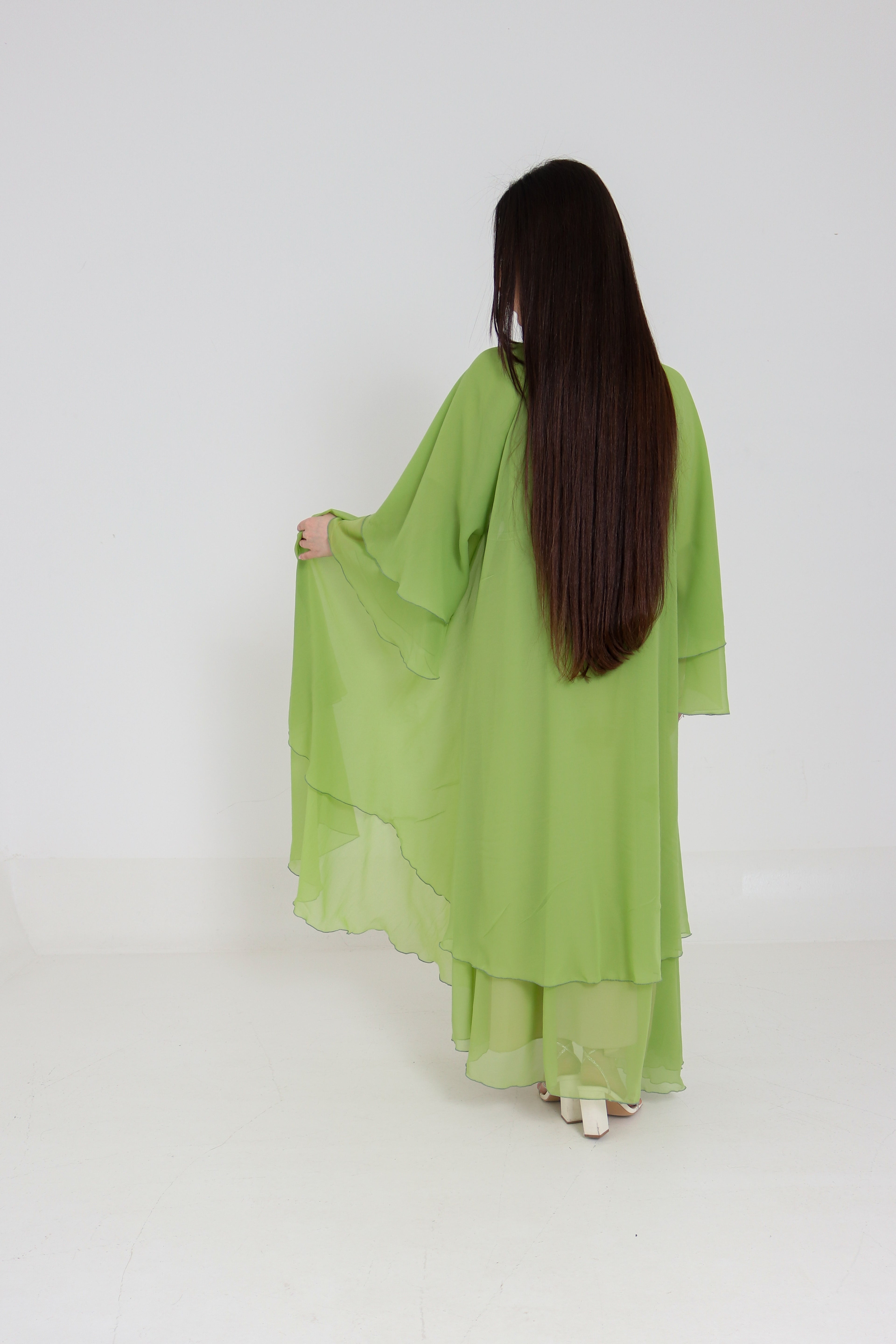 Lime Green Chiffon Abaya Set | 3-Piece with Matching Sheila & Belt