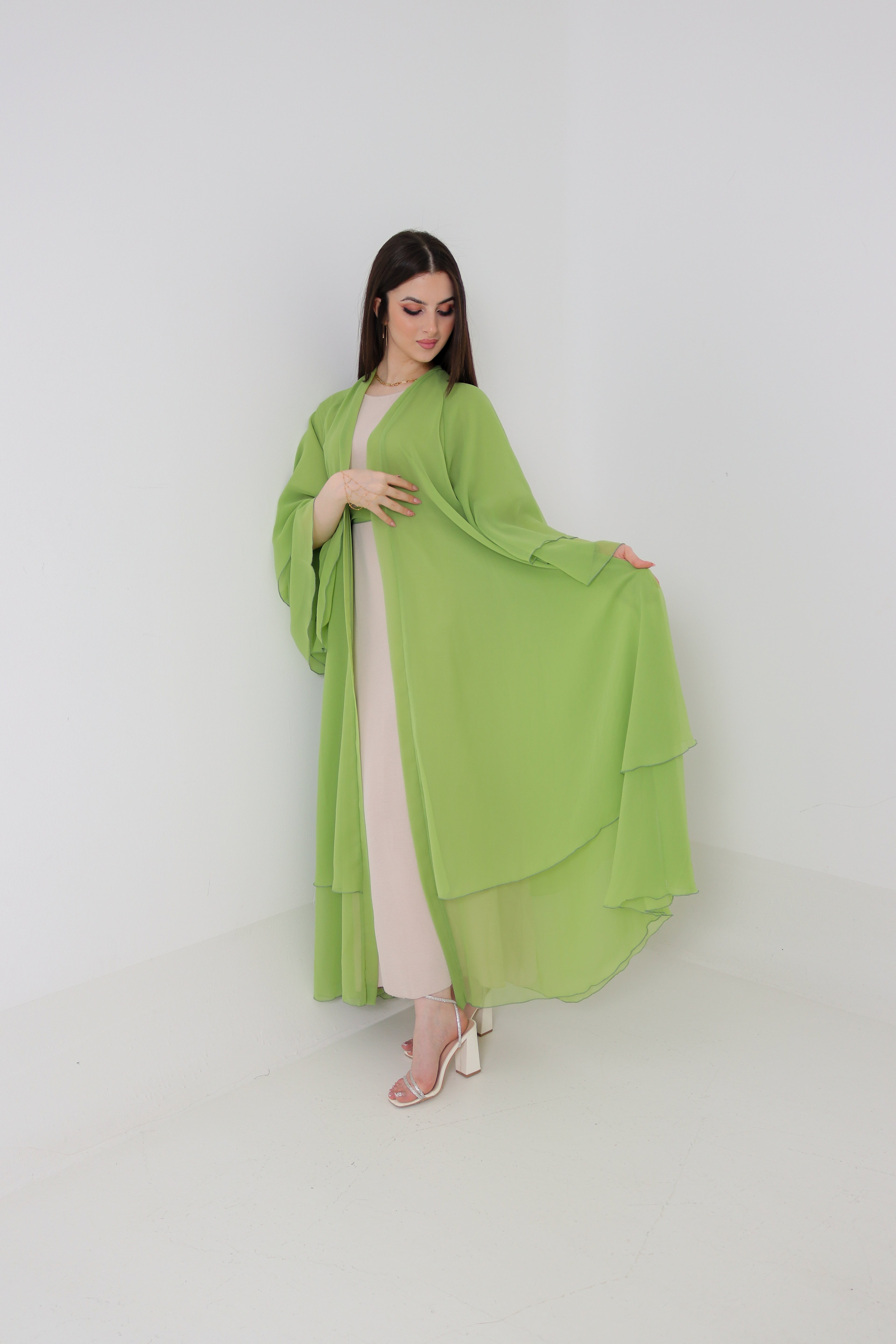 Lime Green Chiffon Abaya Set | 3-Piece with Matching Sheila & Belt