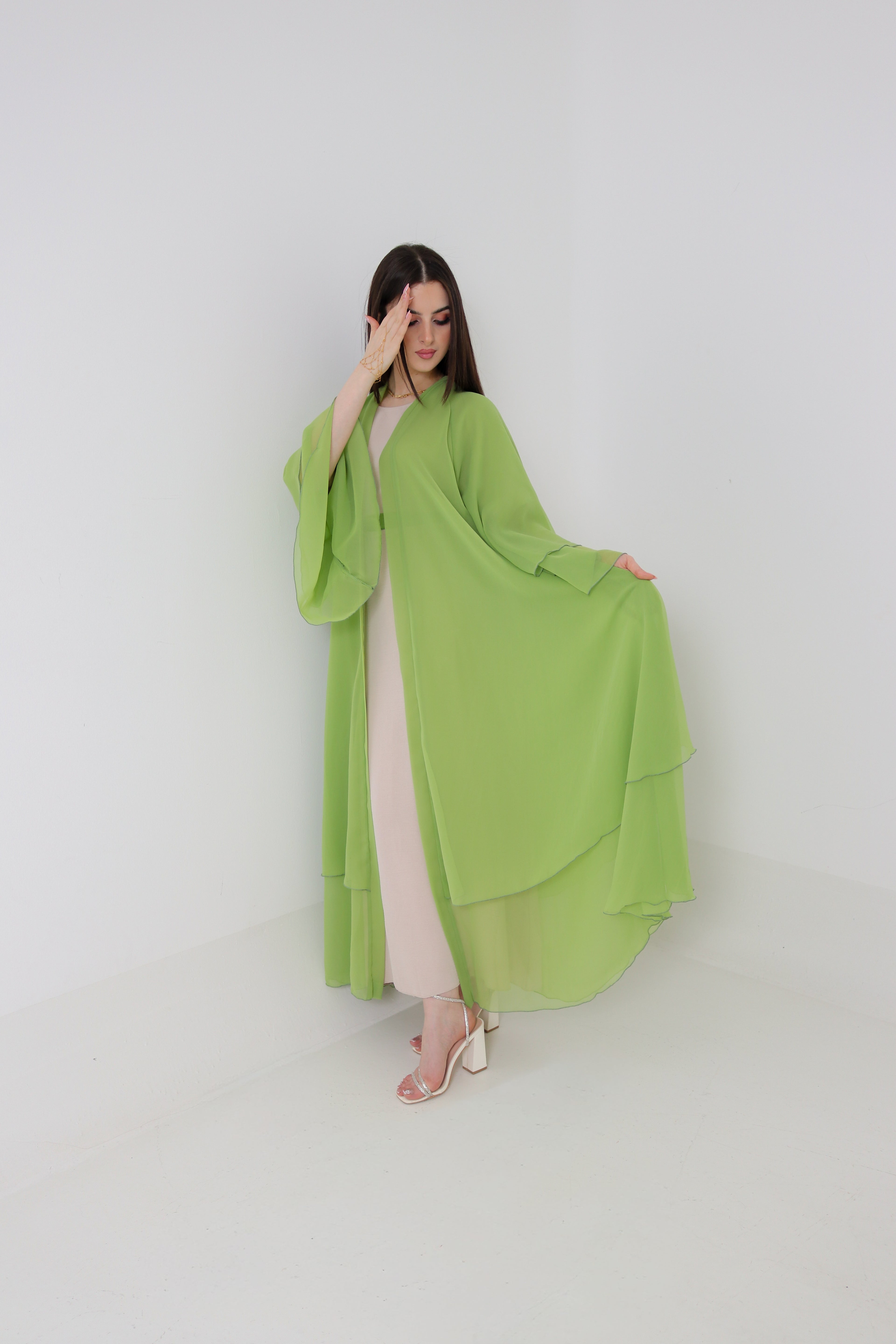 Lime Green Chiffon Abaya Set | 3-Piece with Matching Sheila & Belt