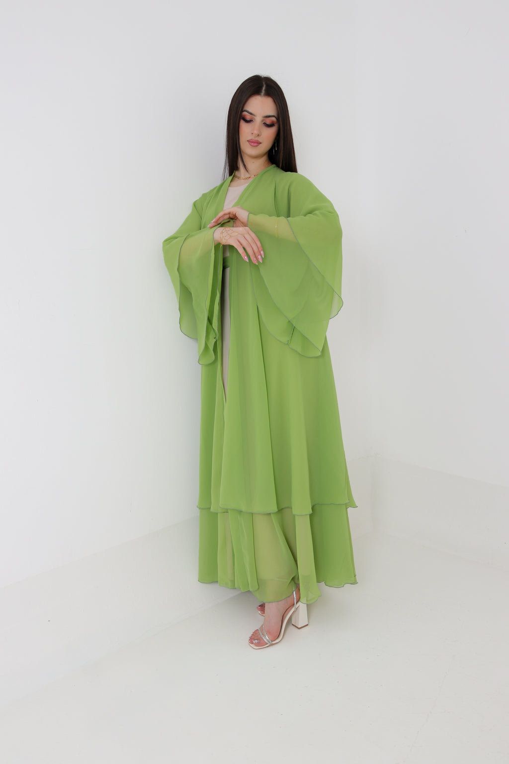 Lime Green Chiffon Abaya Set | 3-Piece with Matching Sheila & Belt