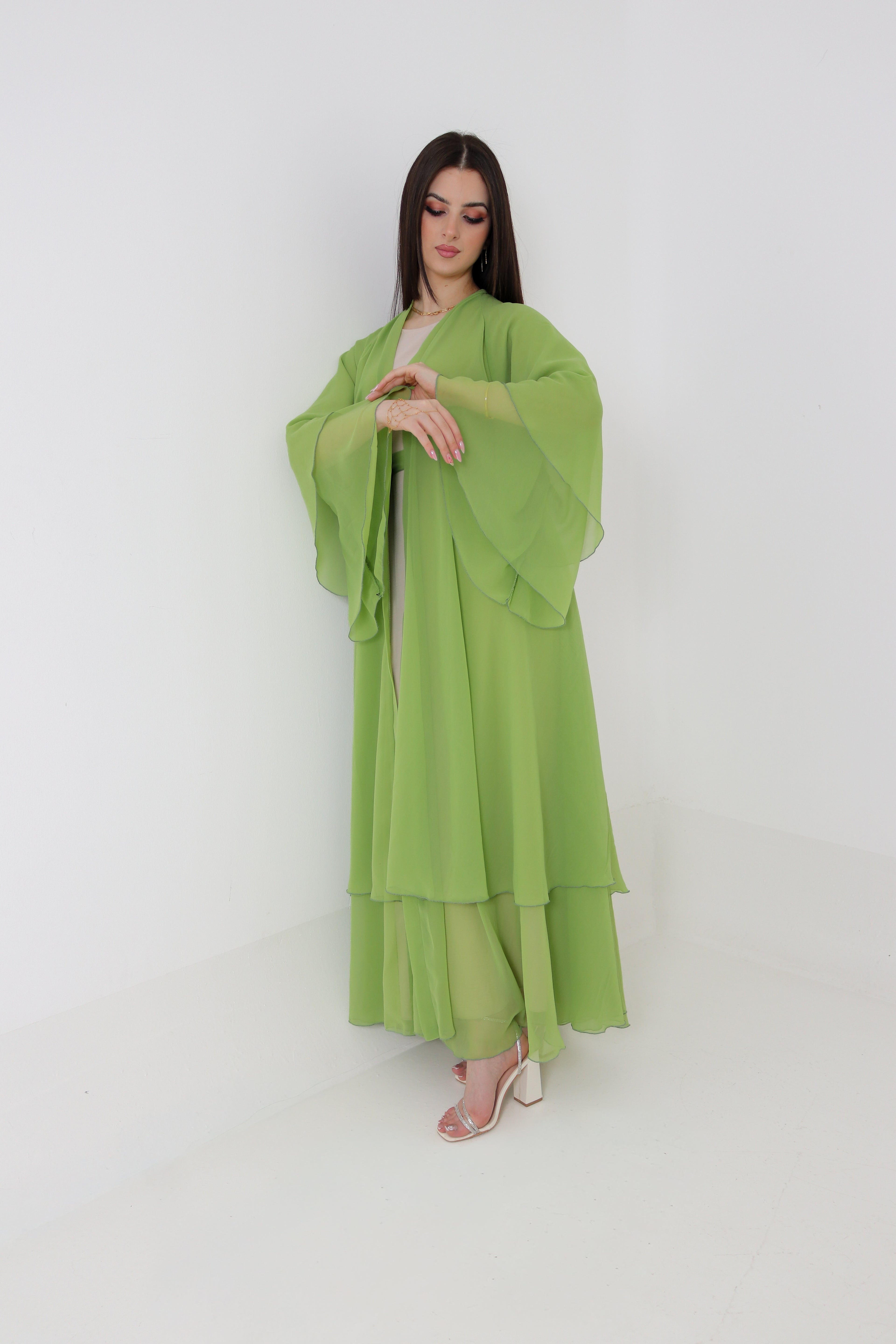 Lime Green Chiffon Abaya Set | 3-Piece with Matching Sheila & Belt