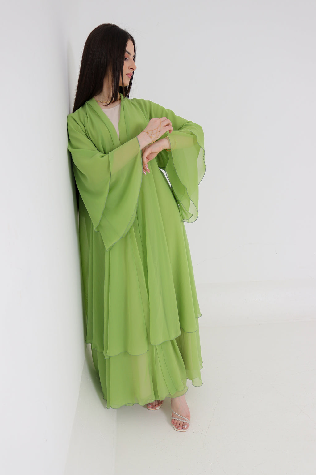 Lime Green Chiffon Abaya Set | 3-Piece with Matching Sheila & Belt