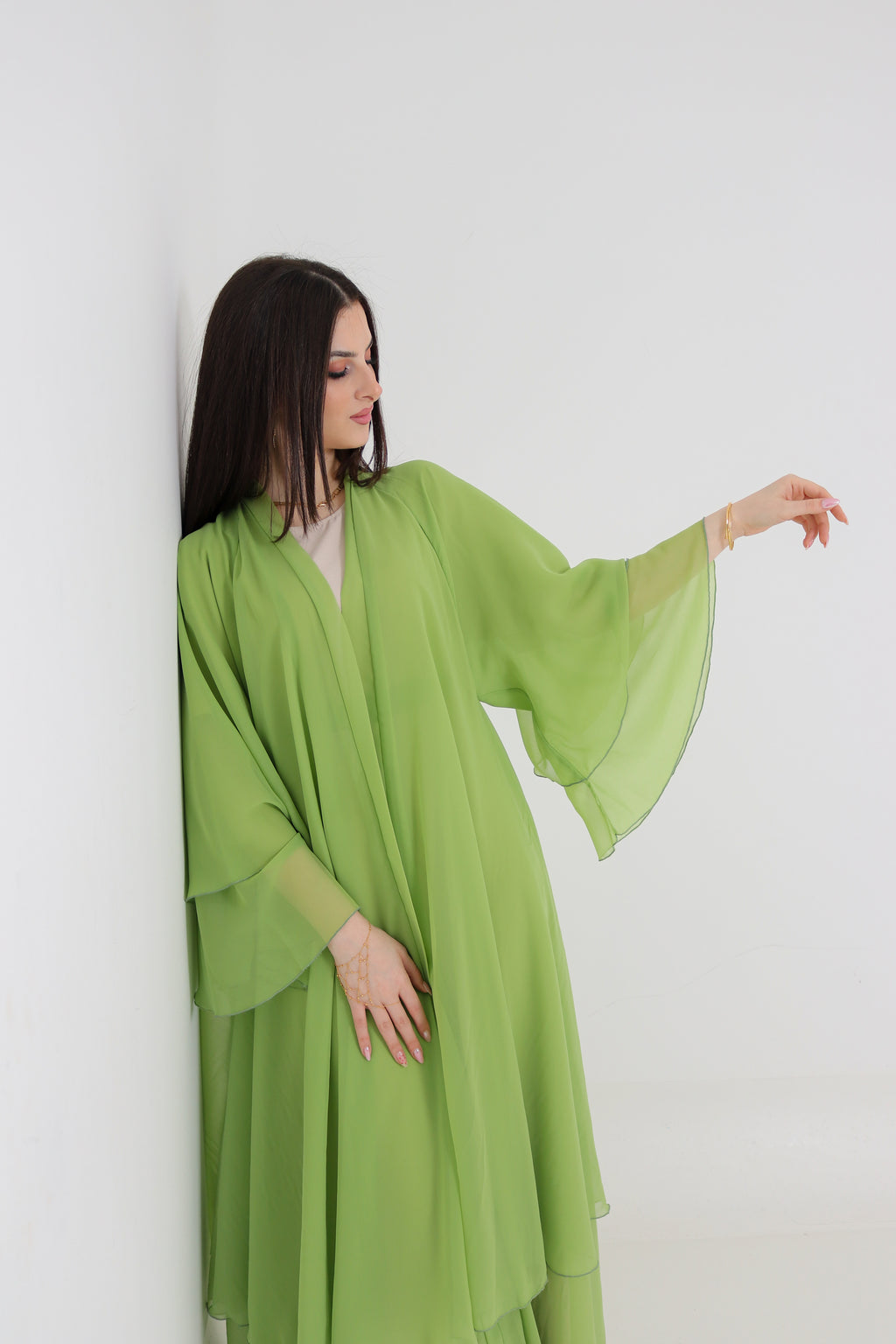 Lime Green Chiffon Abaya Set | 3-Piece with Matching Sheila & Belt