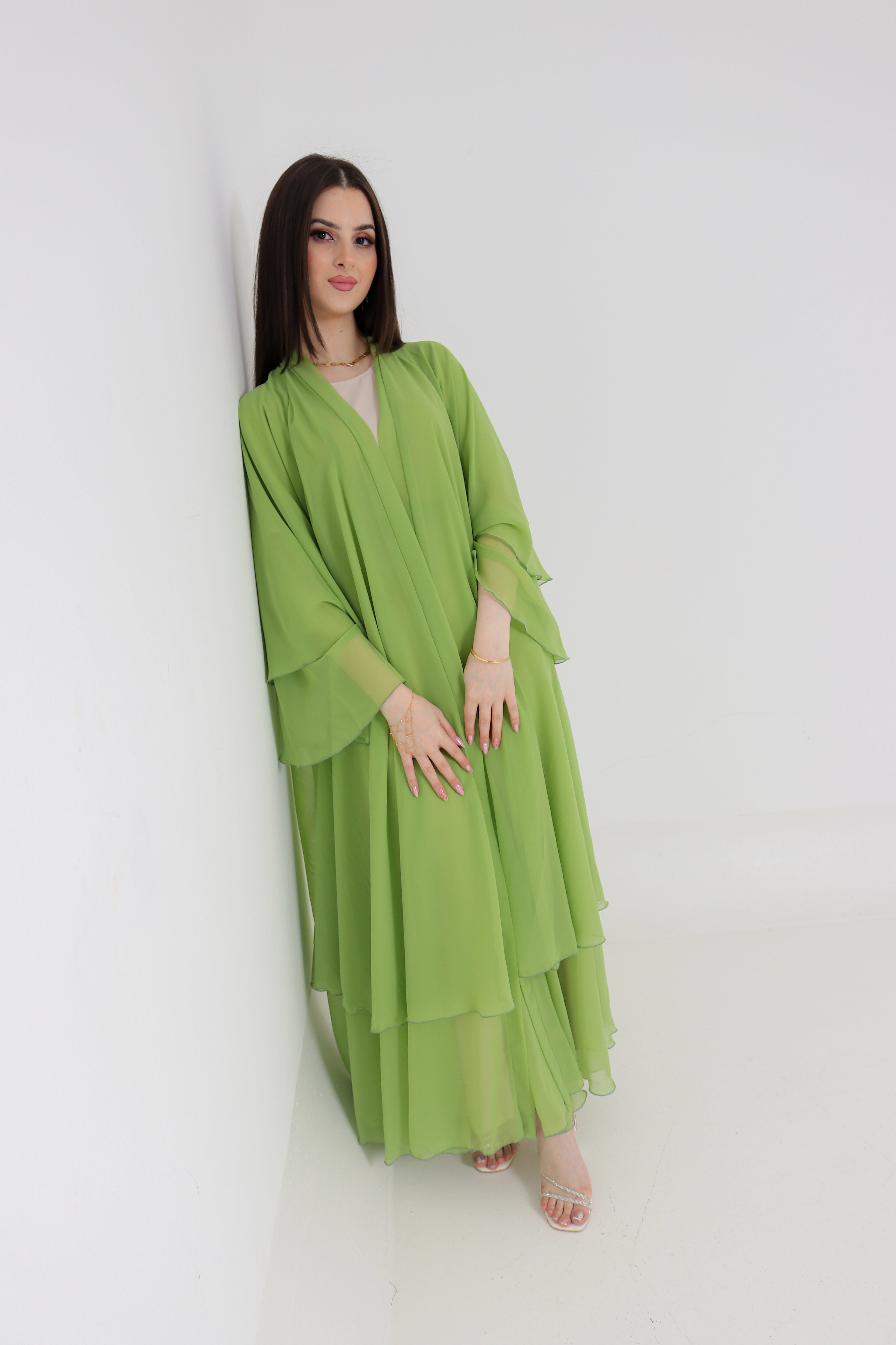 Lime Green Chiffon Abaya Set | 3-Piece with Matching Sheila & Belt