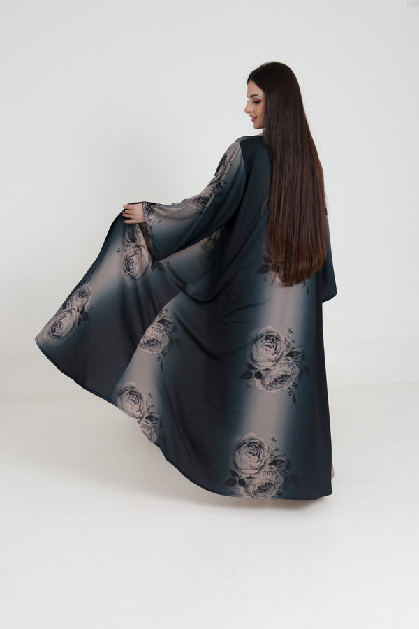 Dark Teal Rose Print Abaya Set | 3-Piece Satin Ombre with Scarf & Inner