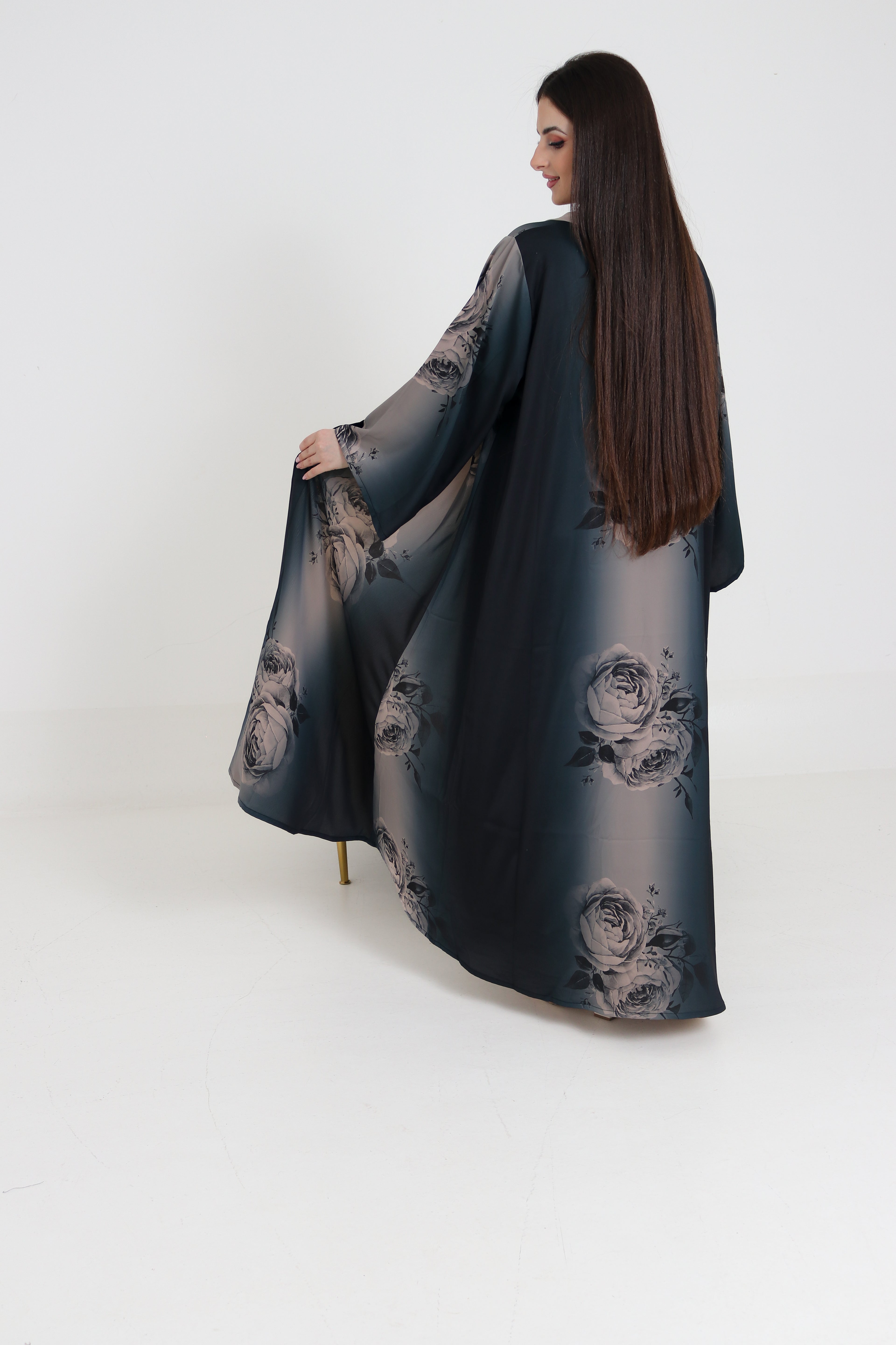 Dark Teal Rose Print Abaya Set | 3-Piece Satin Ombre with Scarf & Inner