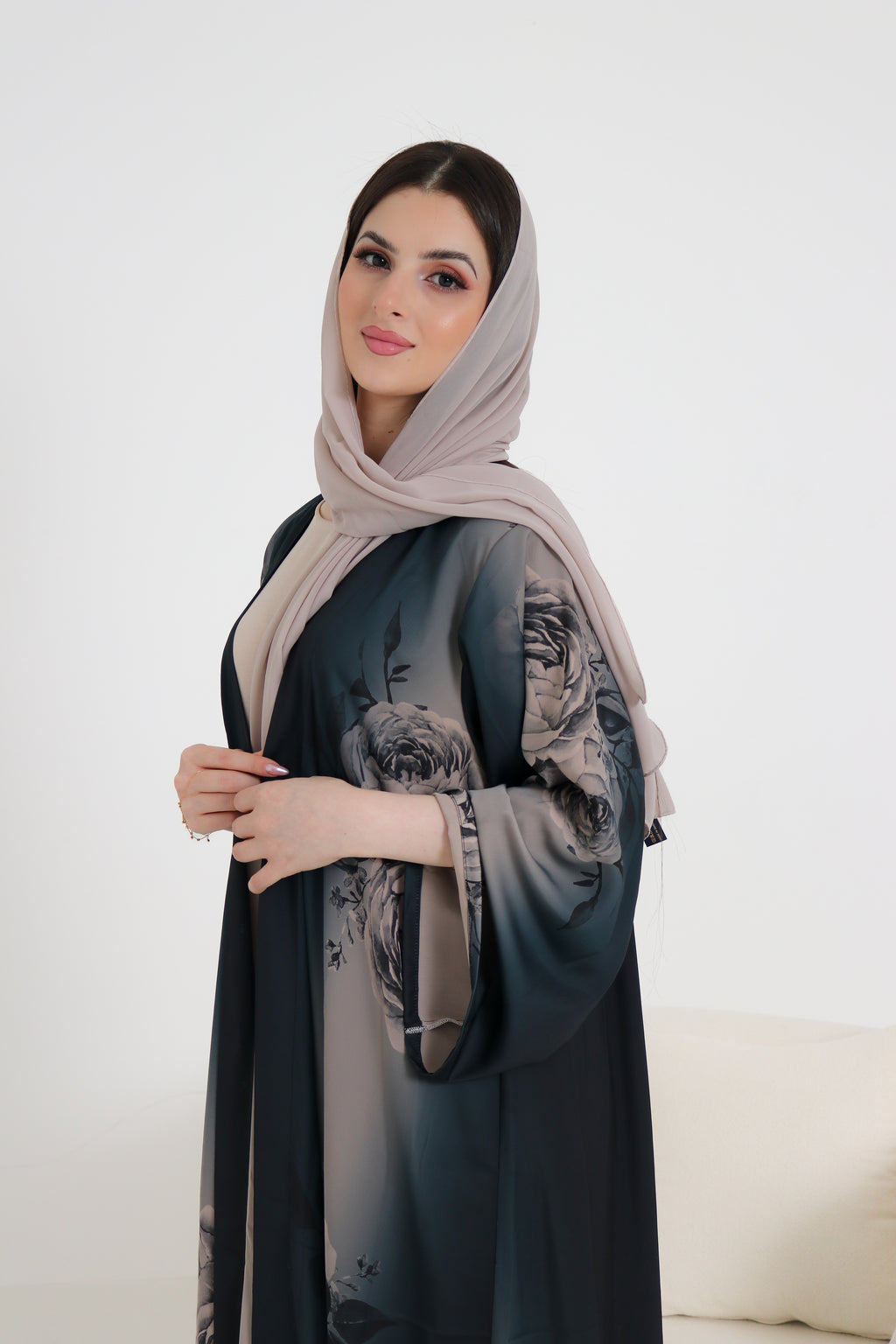 Dark Teal Rose Print Abaya Set | 3-Piece Satin Ombre with Scarf & Inner