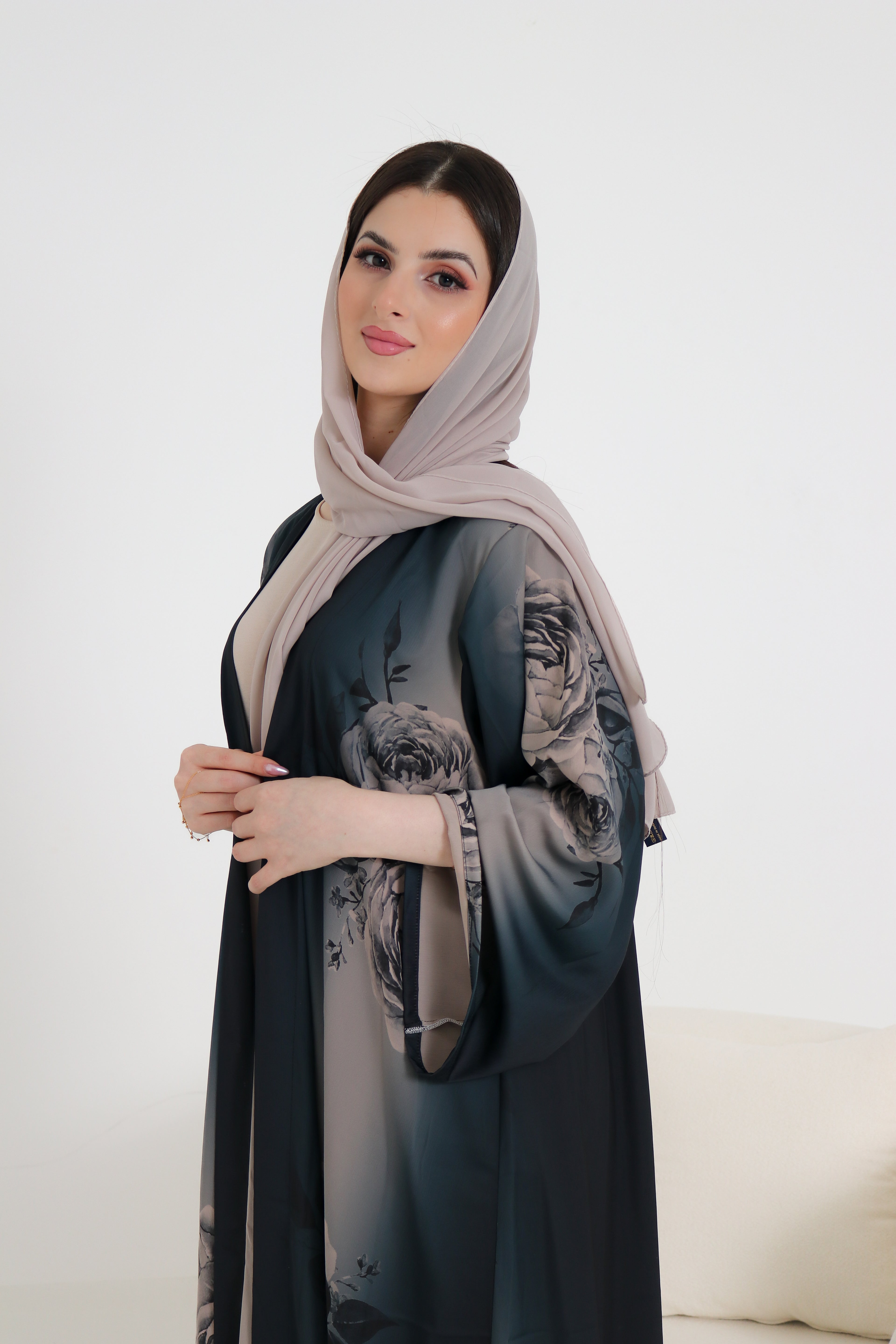 Dark Teal Rose Print Abaya Set | 3-Piece Satin Ombre with Scarf & Inner