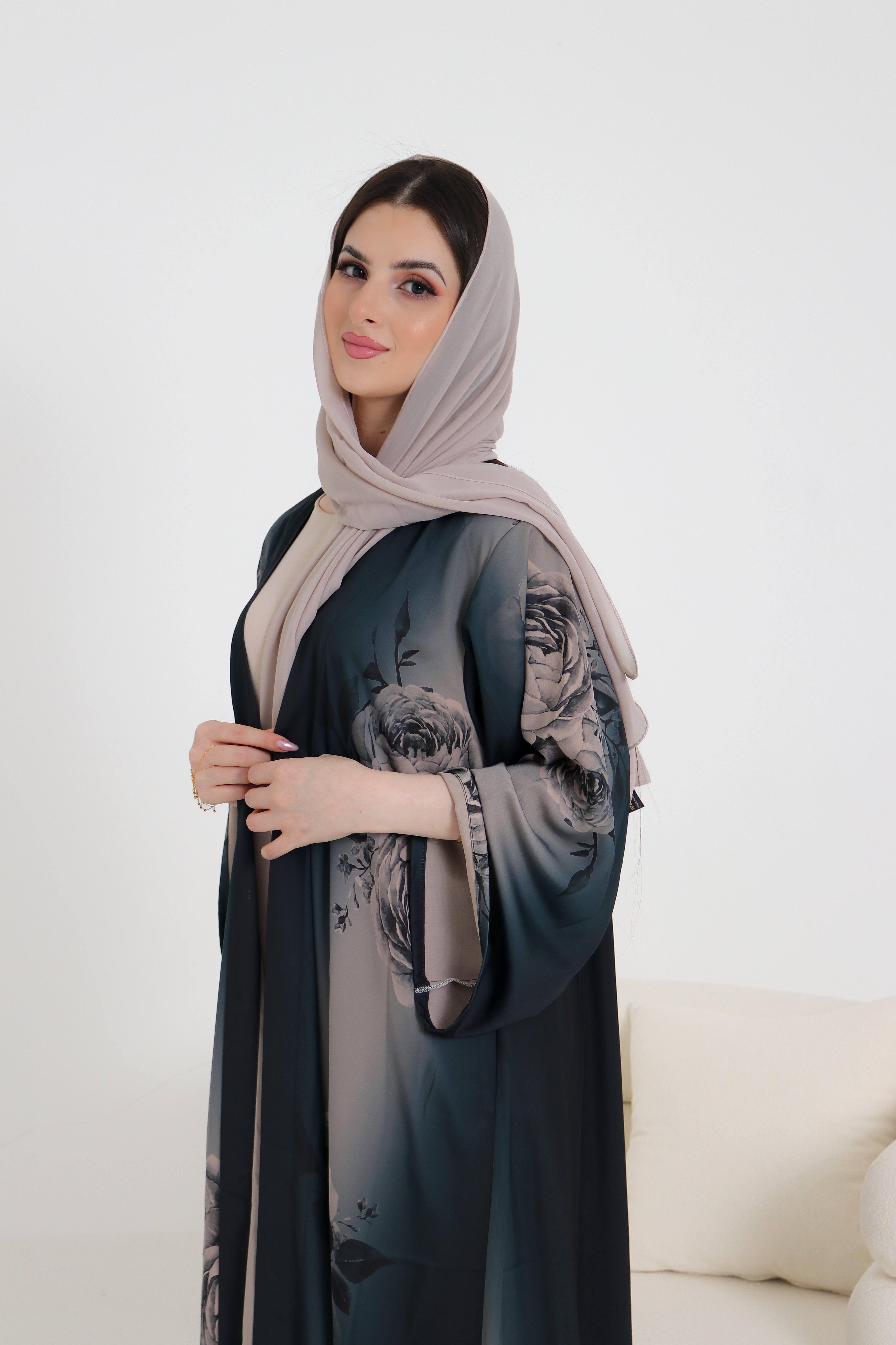 Dark Teal Rose Print Abaya Set | 3-Piece Satin Ombre with Scarf & Inner