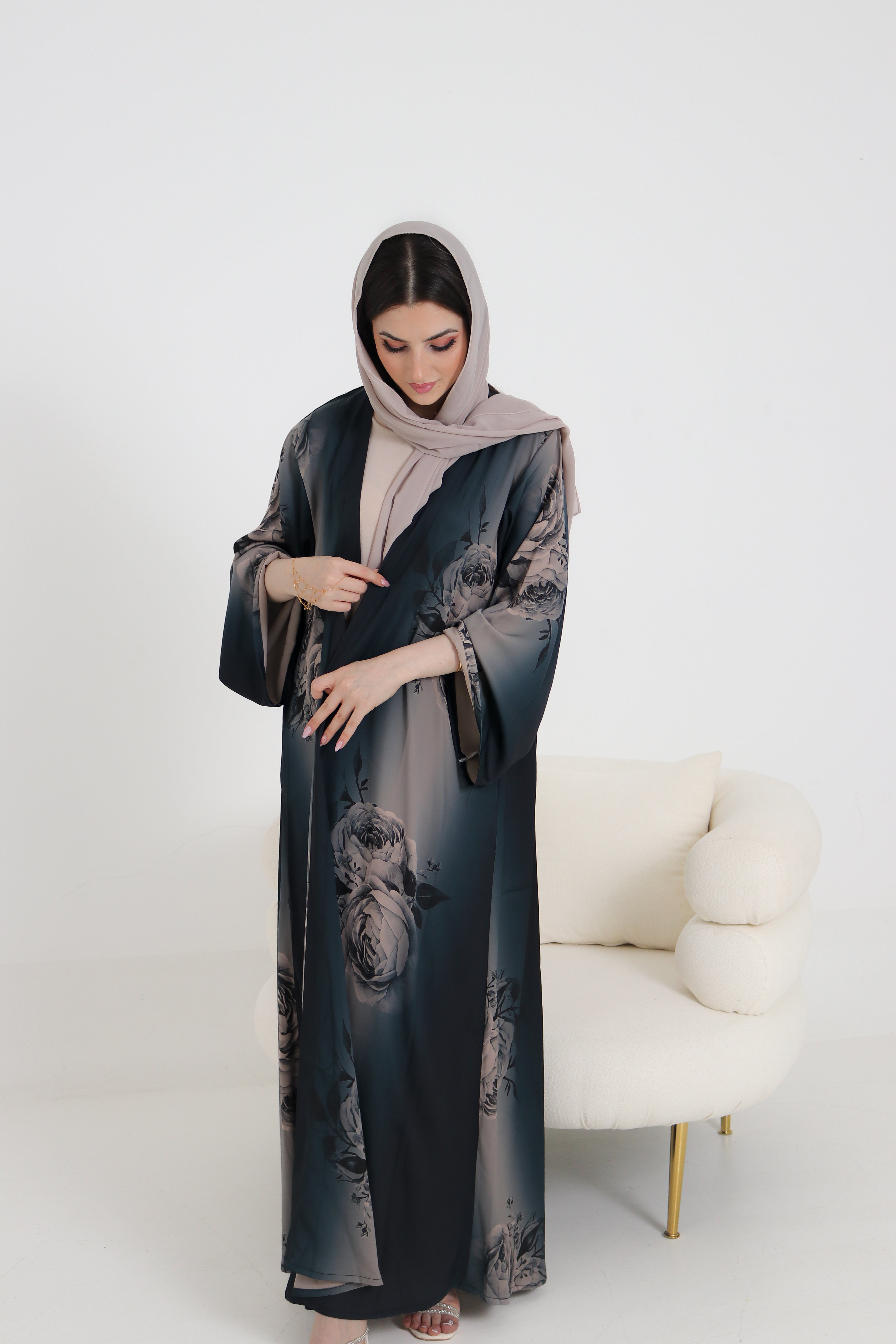 Dark Teal Rose Print Abaya Set | 3-Piece Satin Ombre with Scarf & Inner