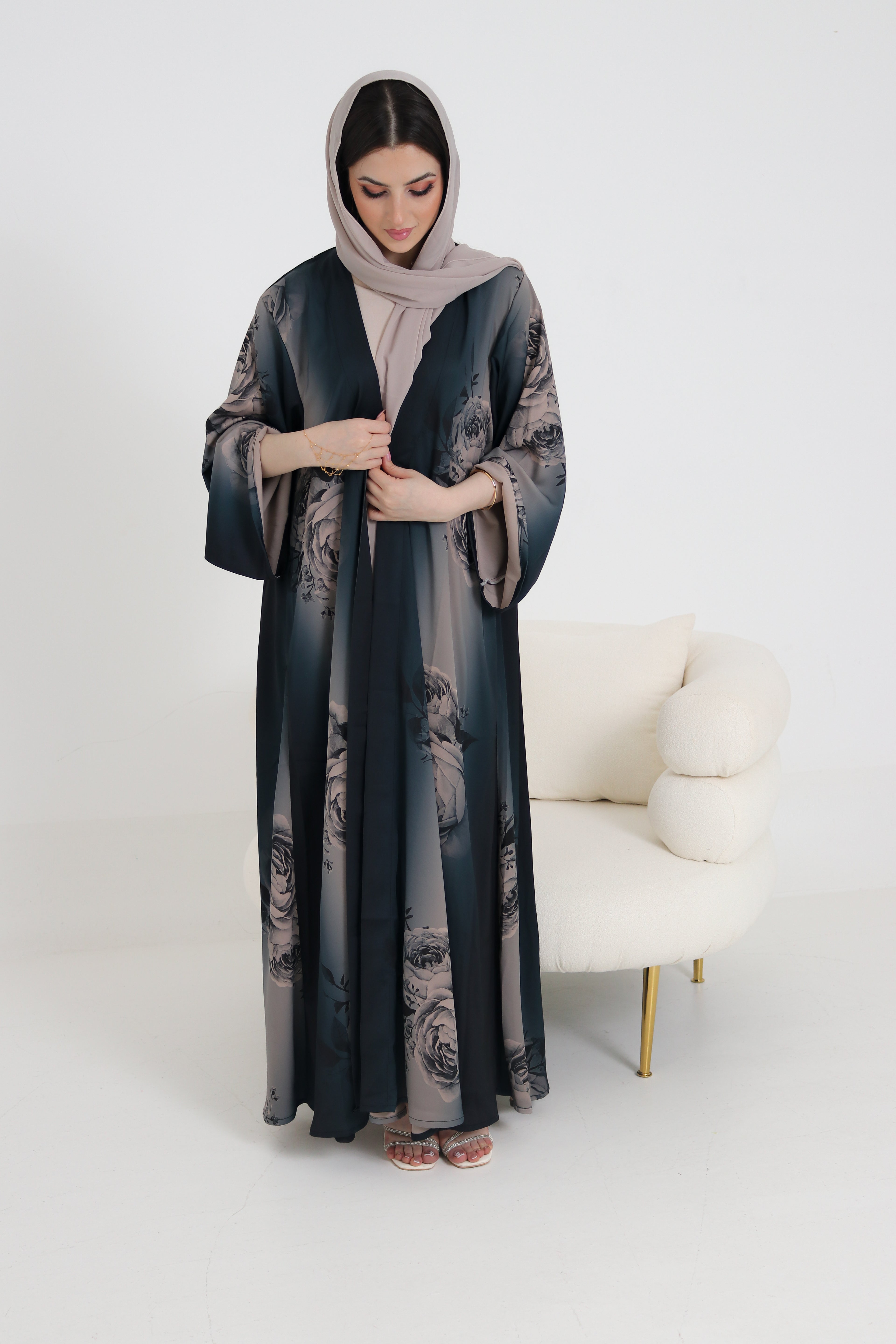 Dark Teal Rose Print Abaya Set | 3-Piece Satin Ombre with Scarf & Inner