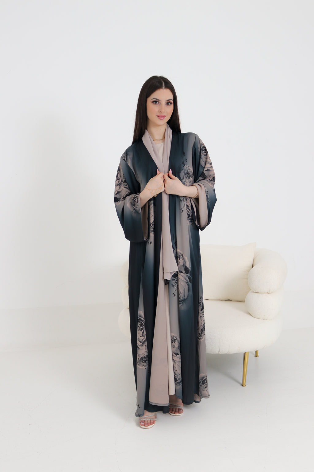 Dark Teal Rose Print Abaya Set | 3-Piece Satin Ombre with Scarf & Inner