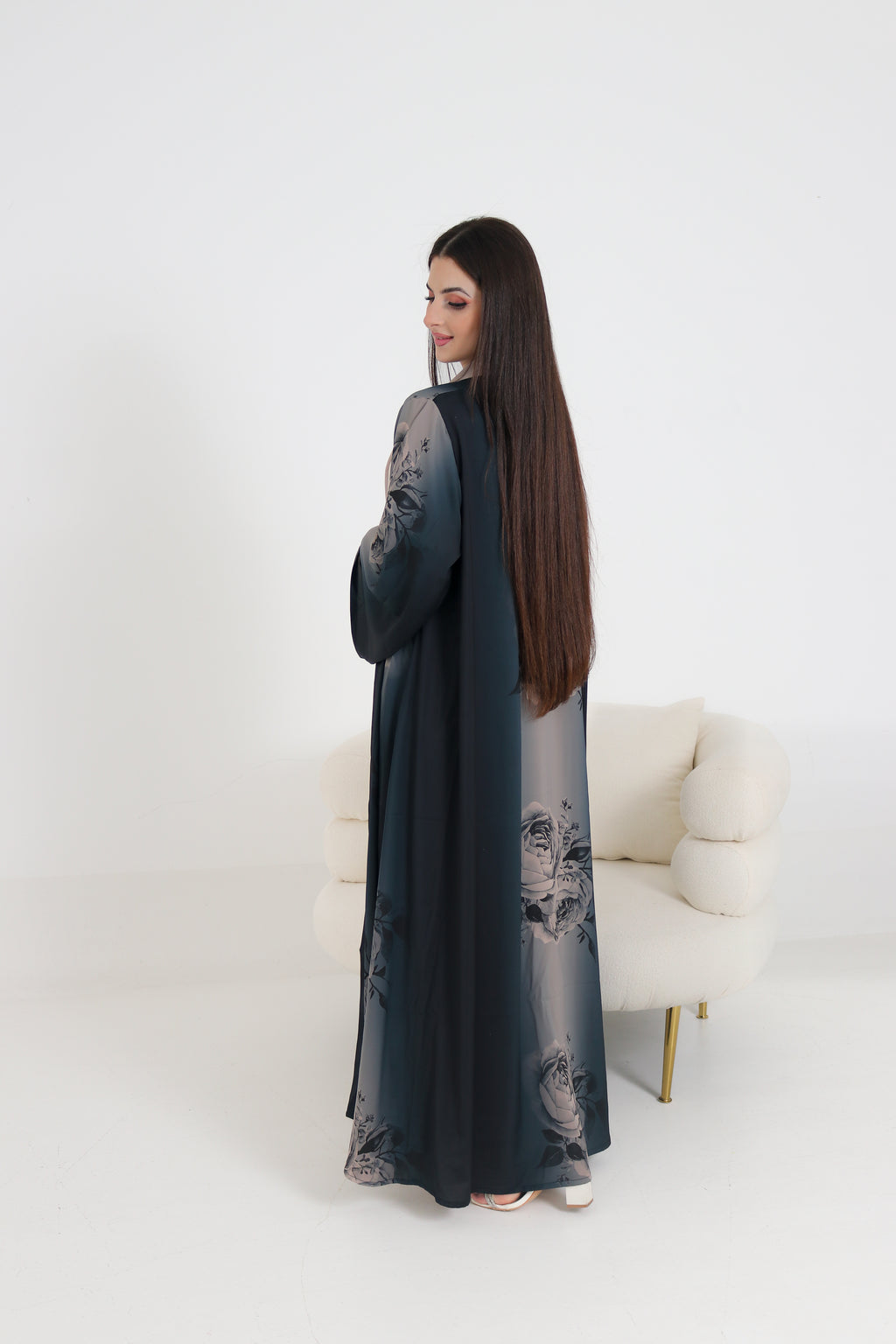 Dark Teal Rose Print Abaya Set | 3-Piece Satin Ombre with Scarf & Inner