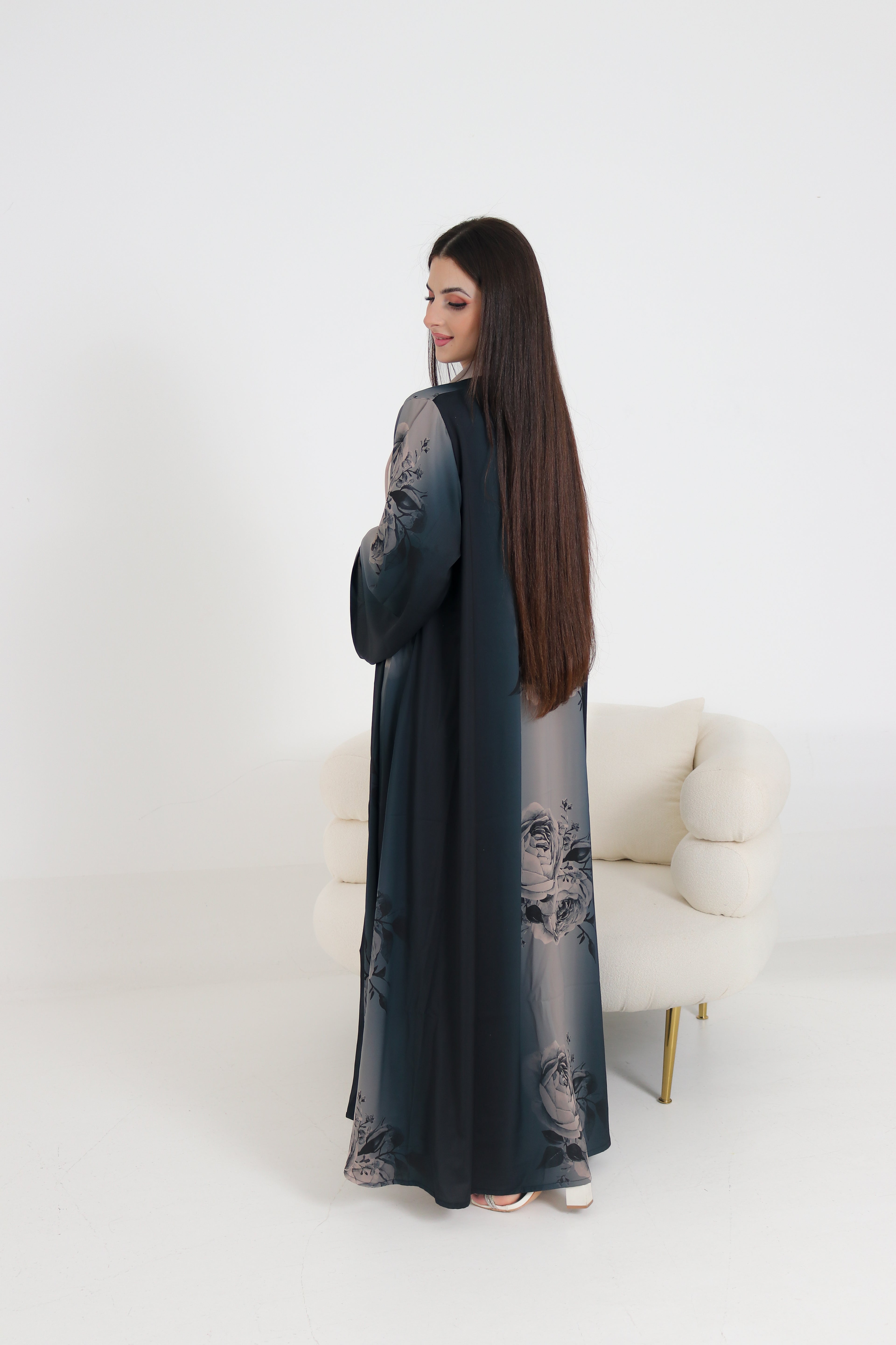 Dark Teal Rose Print Abaya Set | 3-Piece Satin Ombre with Scarf & Inner