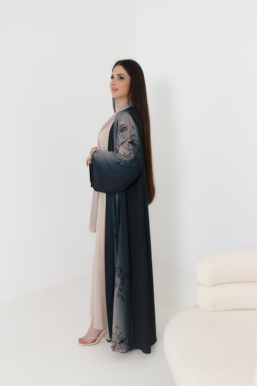 Dark Teal Rose Print Abaya Set | 3-Piece Satin Ombre with Scarf & Inner