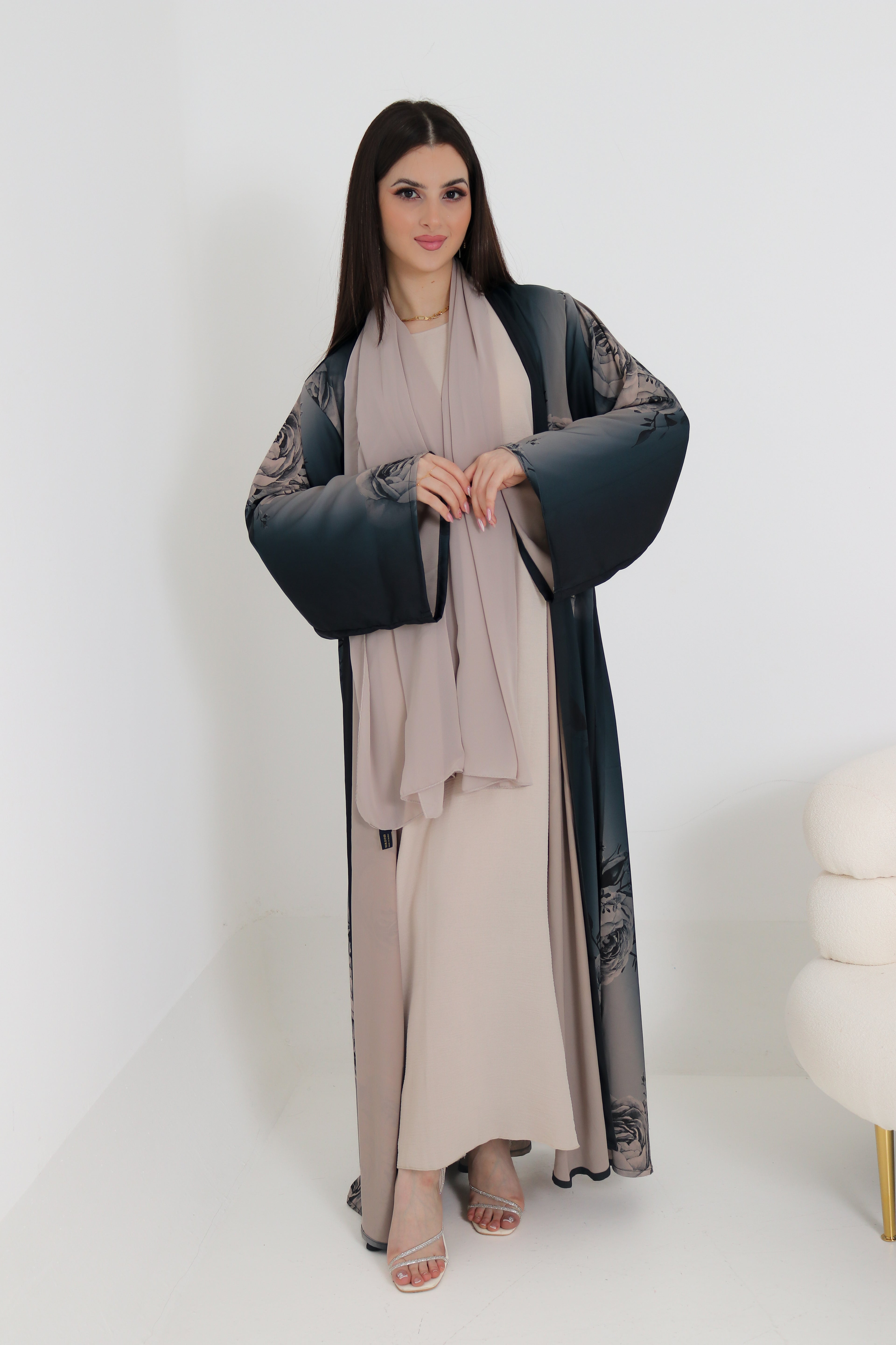 Dark Teal Rose Print Abaya Set | 3-Piece Satin Ombre with Scarf & Inner