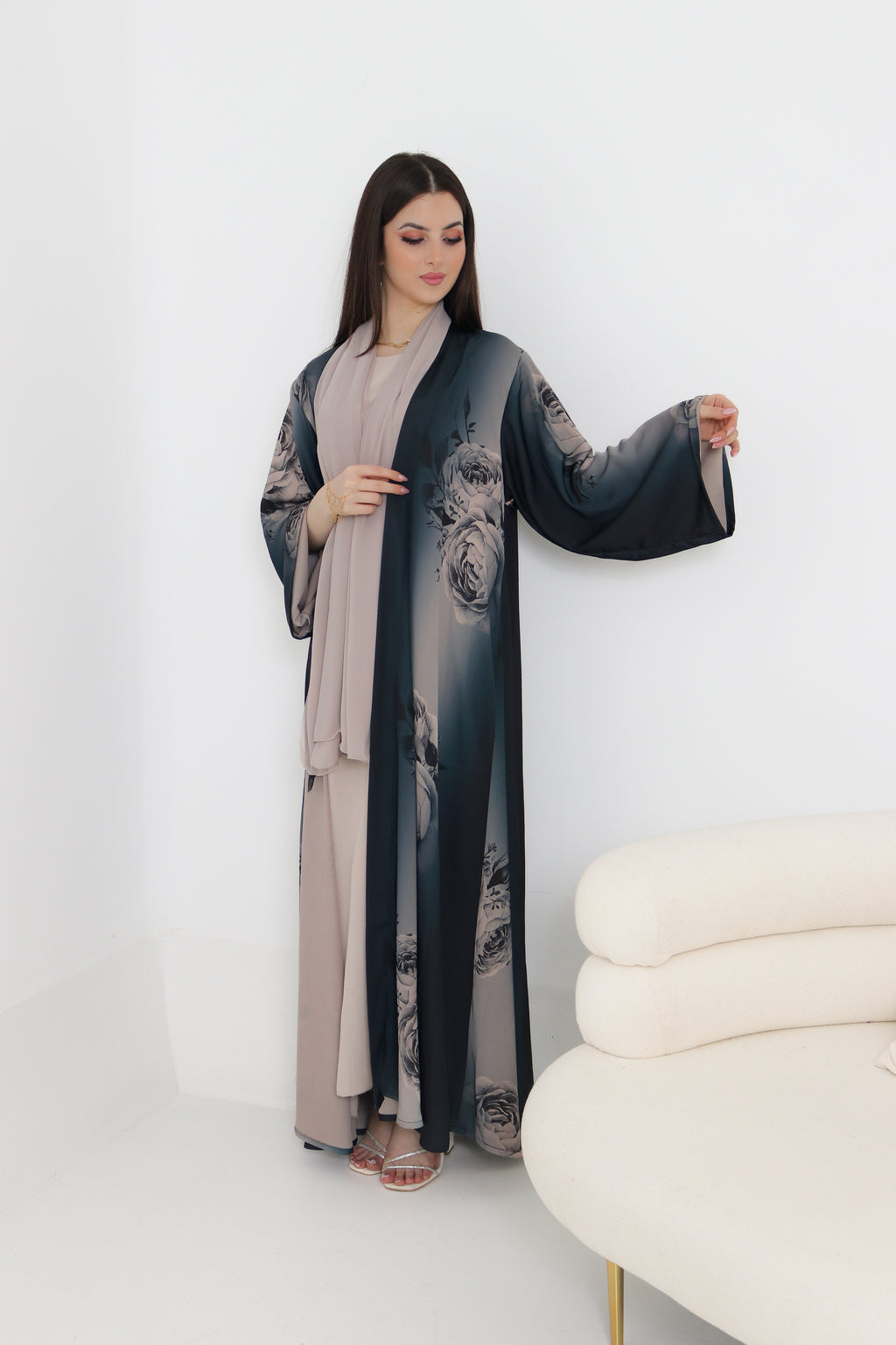 Dark Teal Rose Print Abaya Set | 3-Piece Satin Ombre with Scarf & Inner