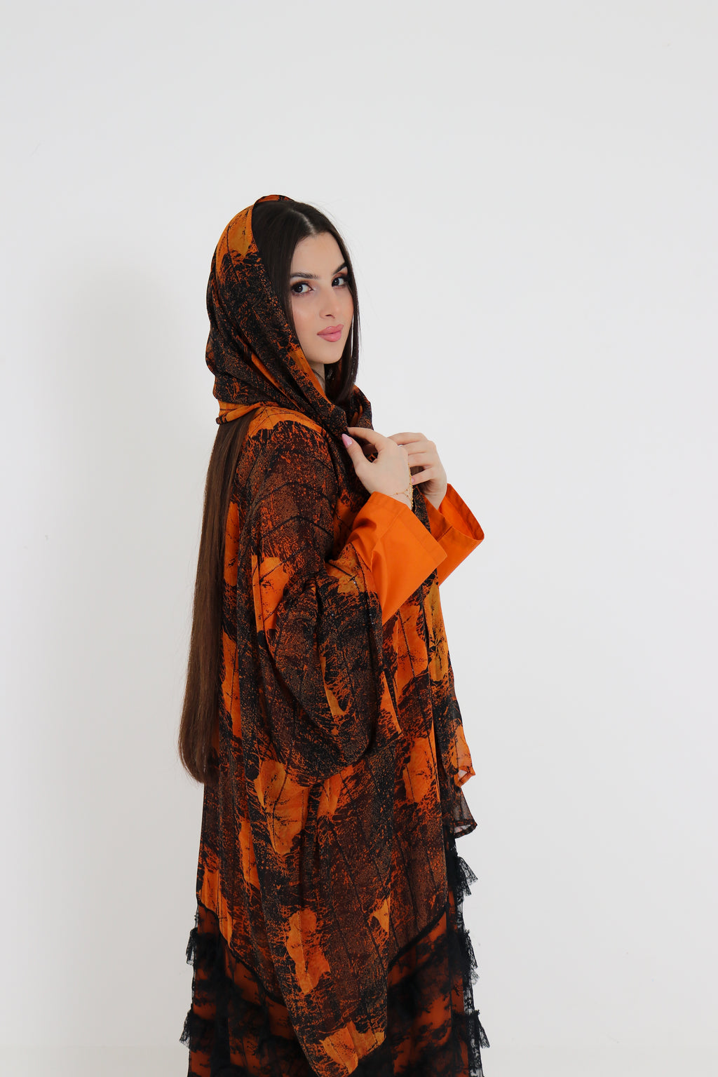 Orange & Black Printed Abaya Set UAE | 3-Piece Abaya with Inner & Sheila