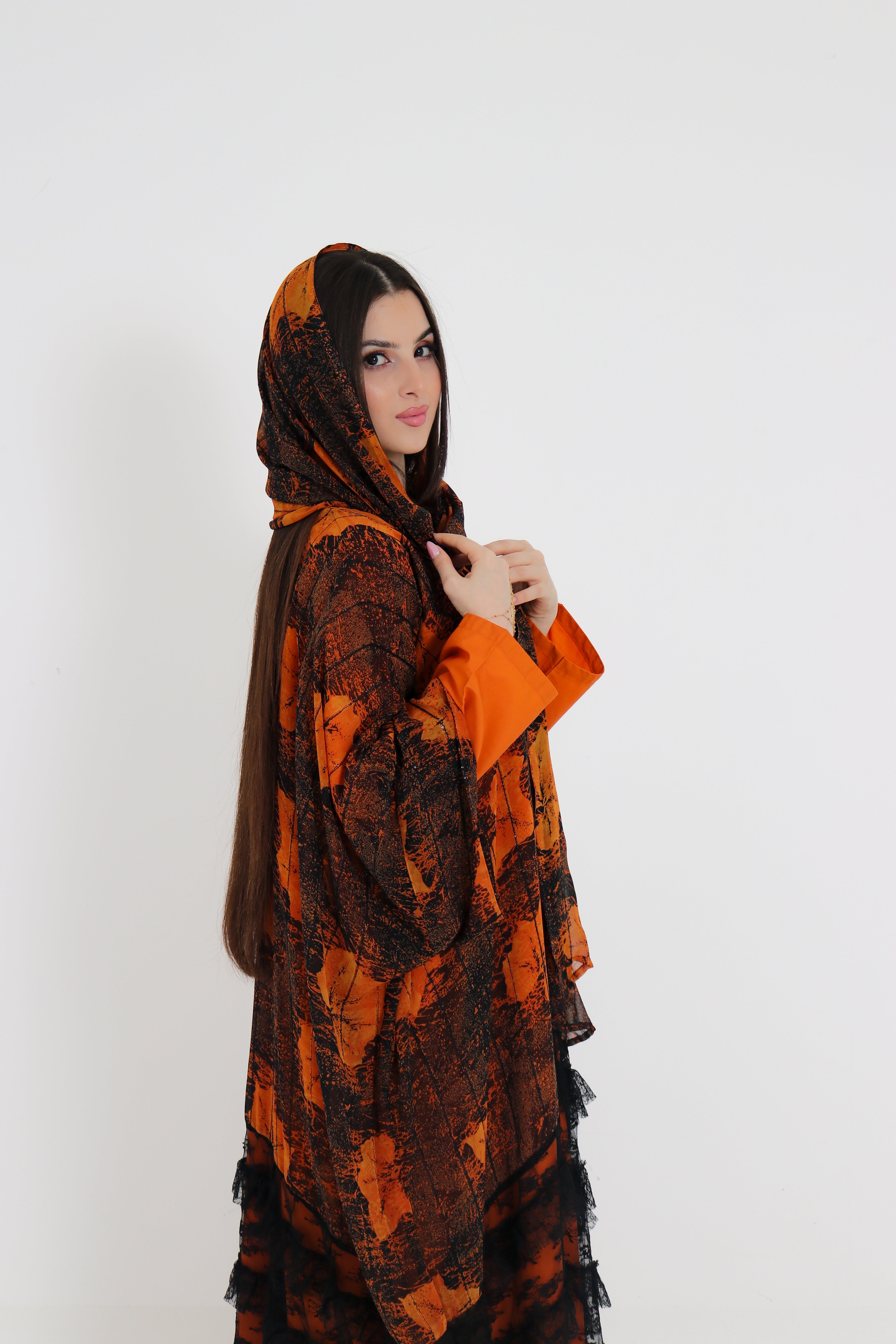 Orange & Black Printed Abaya Set UAE | 3-Piece Abaya with Inner & Sheila