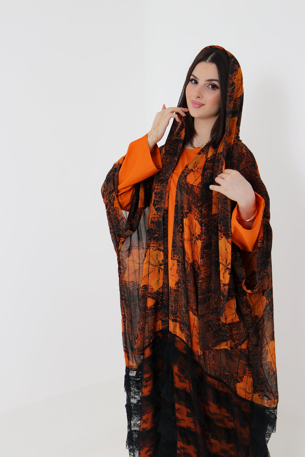 Orange & Black Printed Abaya Set UAE | 3-Piece Abaya with Inner & Sheila