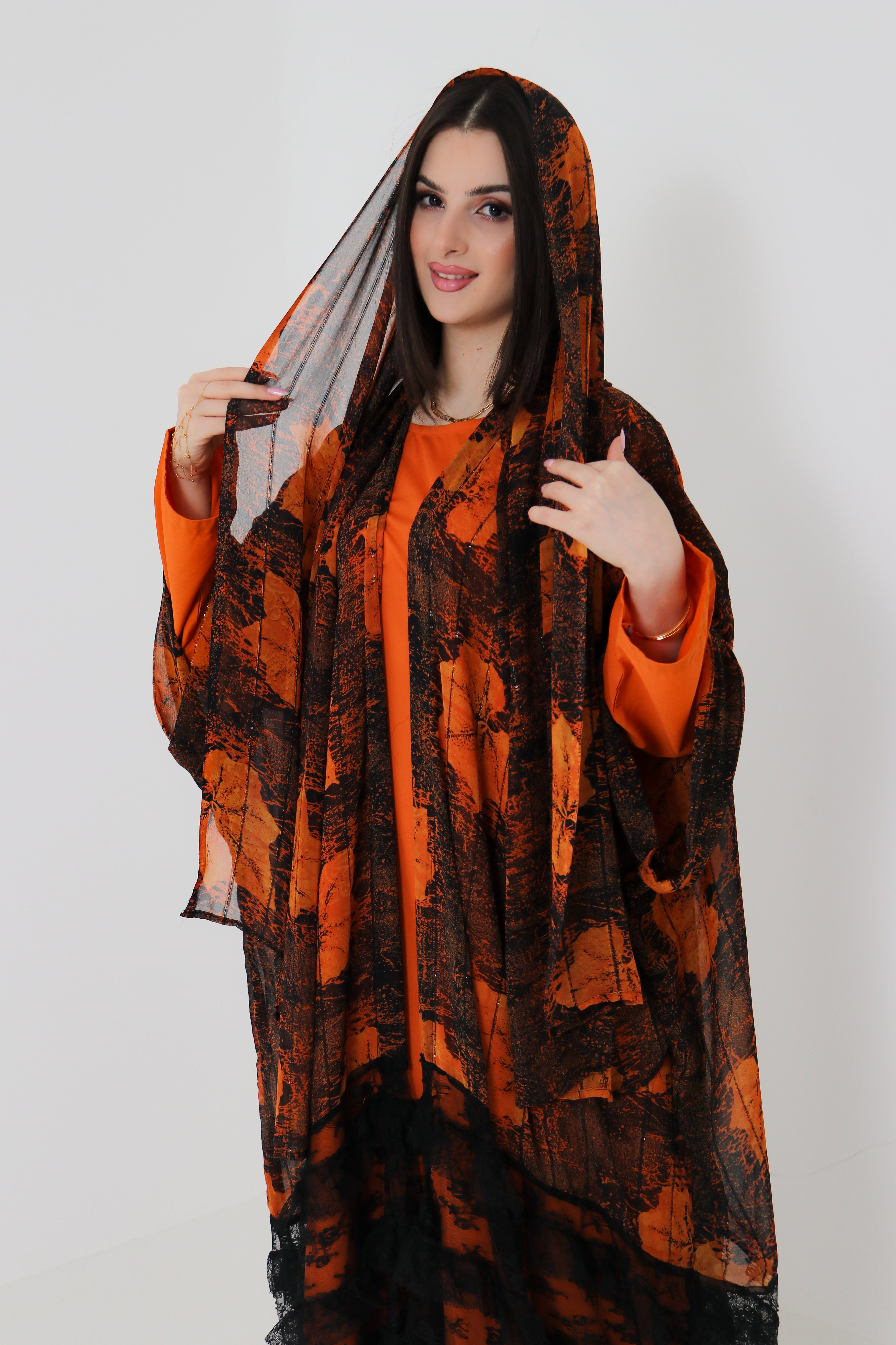 Orange & Black Printed Abaya Set UAE | 3-Piece Abaya with Inner & Sheila
