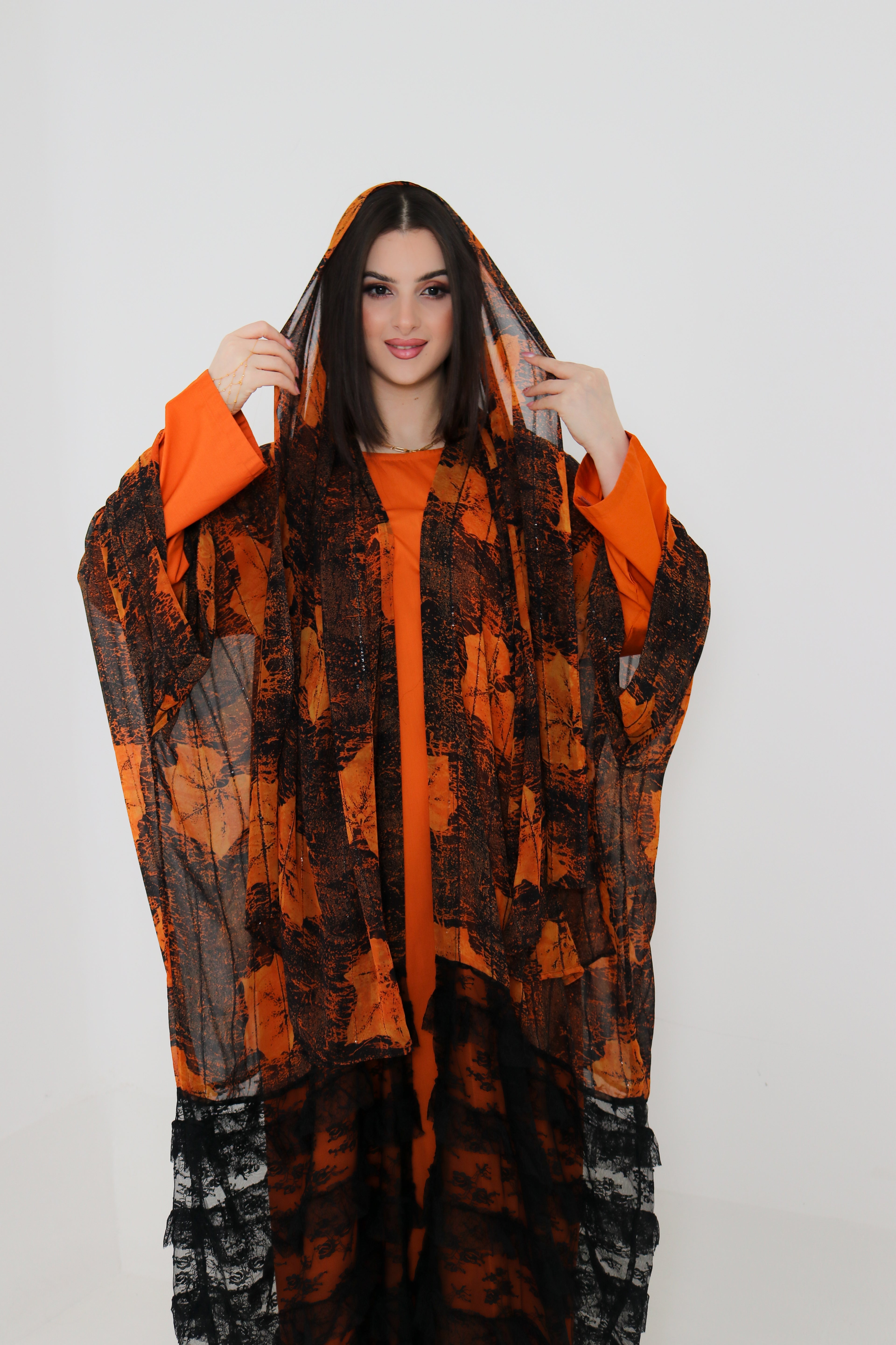 Orange & Black Printed Abaya Set UAE | 3-Piece Abaya with Inner & Sheila