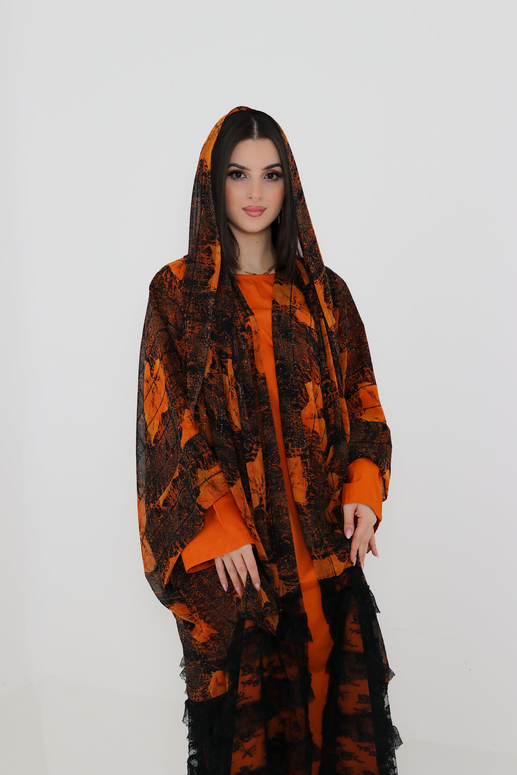 Orange & Black Printed Abaya Set UAE | 3-Piece Abaya with Inner & Sheila